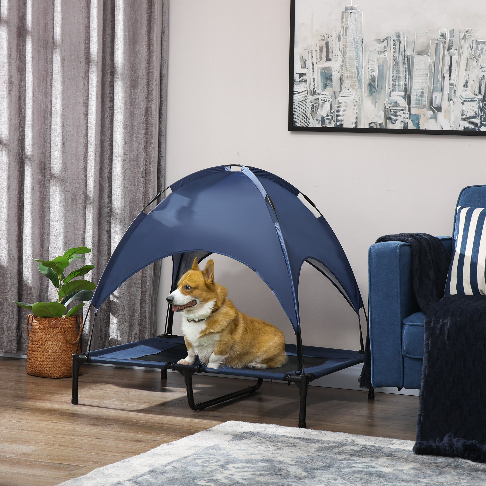 PawHut Elevated Oasis: Cooling Pet Bed with Canopy for Large Dogs, Indoor/Outdoor Bliss, Blue Shade Aosom Canada