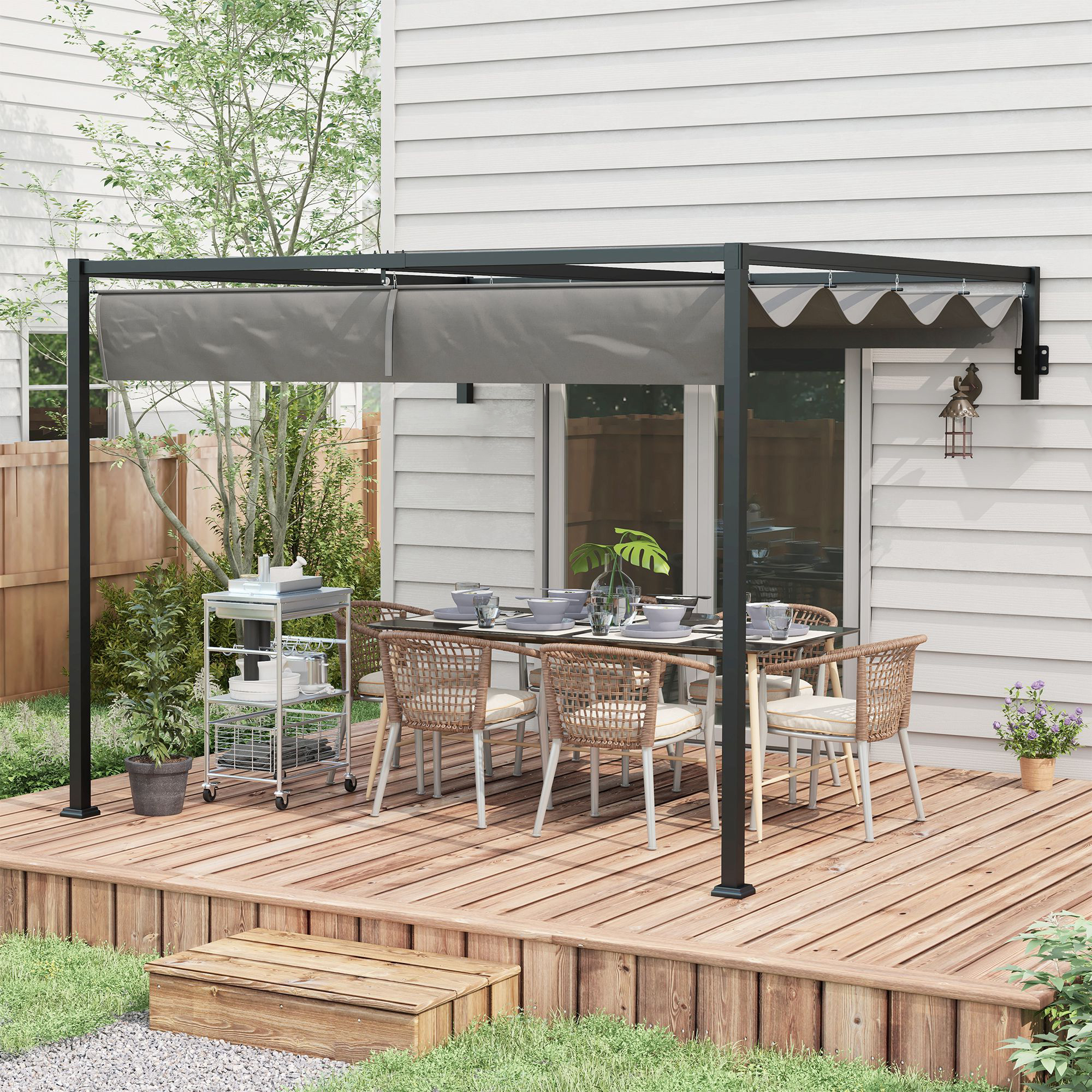 Outsunny 10' x 7' Metal Pergola, Lean To Pergola with Retractable Roof for Grill, Garden and Patio, Deck Aosom Canada