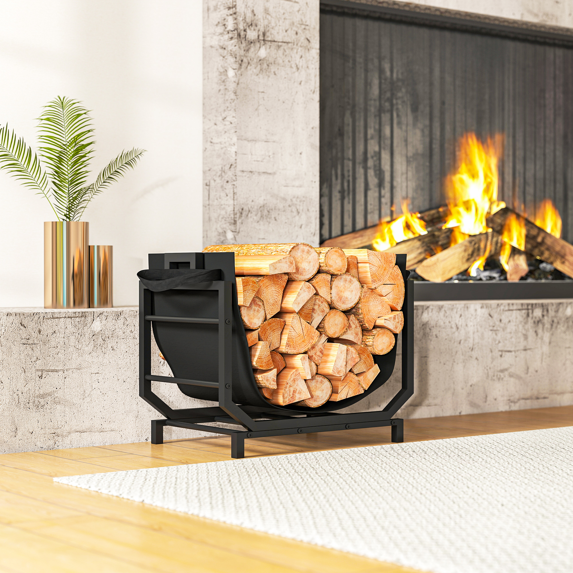 Outsunny Firewood Rack Outdoor, Heavy-Duty Log Holder with Log Tote Bag for Fireplace, Indoor Fire Wood Storage Rack Aosom Canada