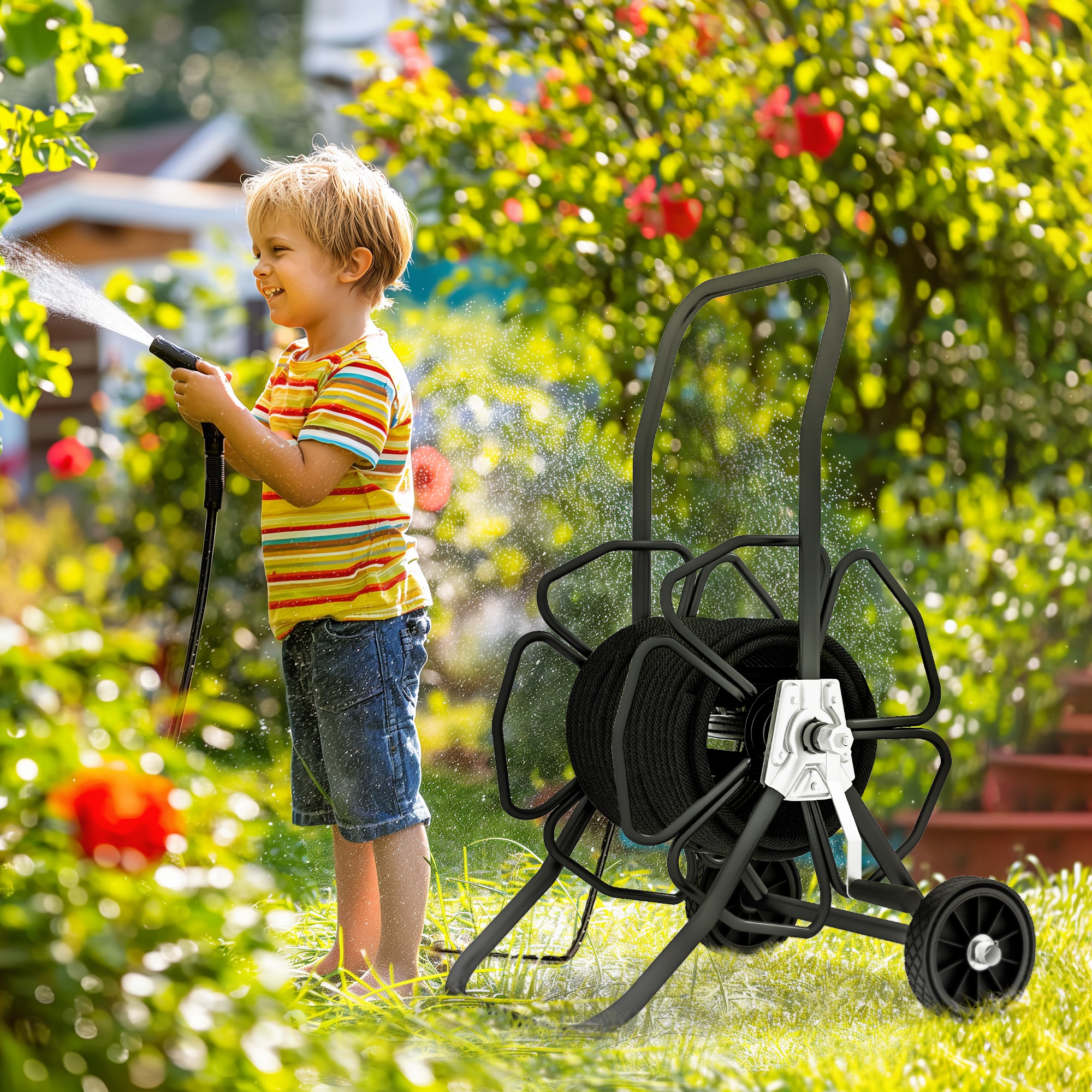 Outsunny 98 ft of 5/8" Hose Reel Cart (Hose Not Included), Garden Water Hose Carts with Wheels for Yard, Lawn, Black Aosom Canada