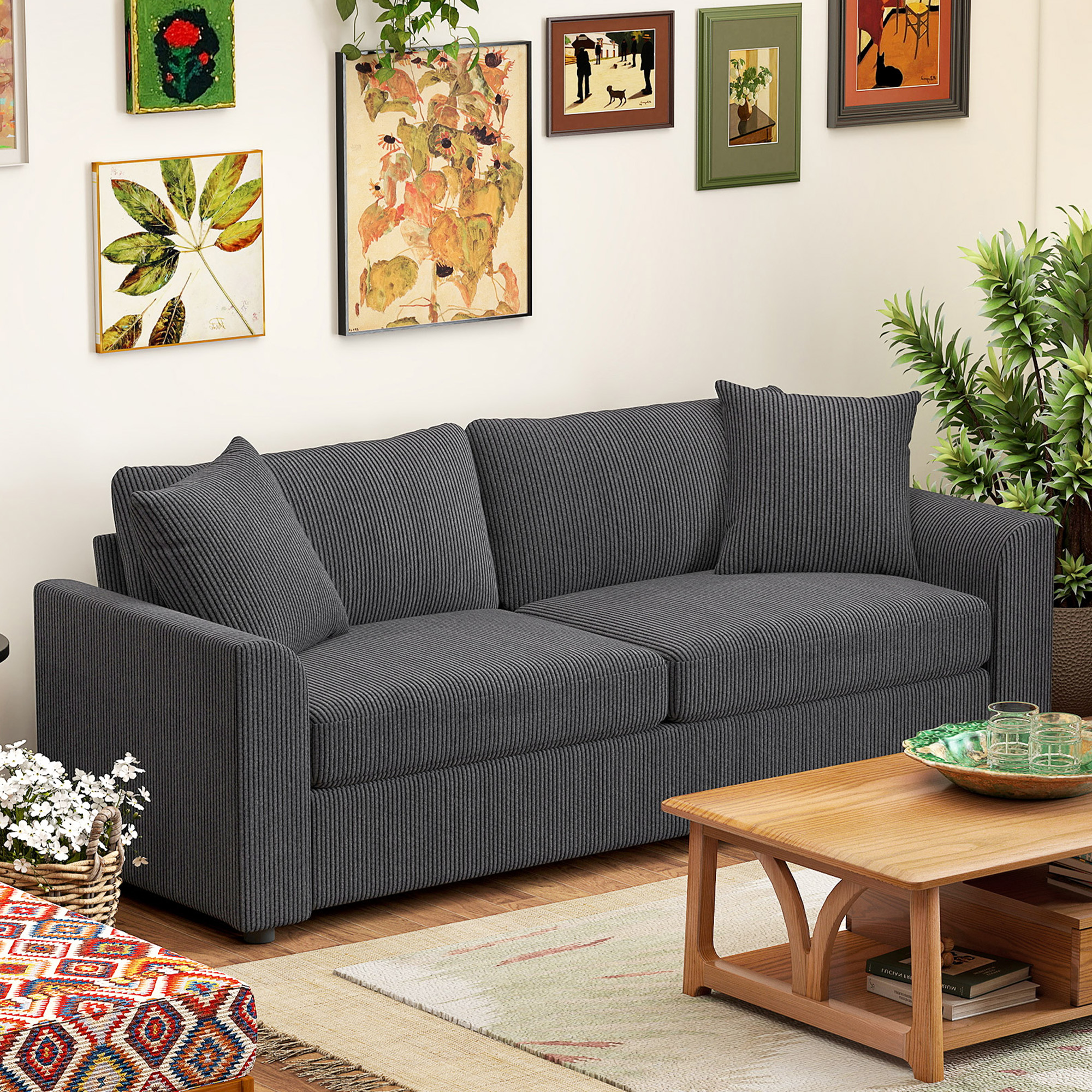 HOMCOM 3 Seater Sofa, 83.5" Modern Upholstered Couch with Pocket Spring and 2 Scatter Cushions for Living Room, Dark Grey Aosom Canada