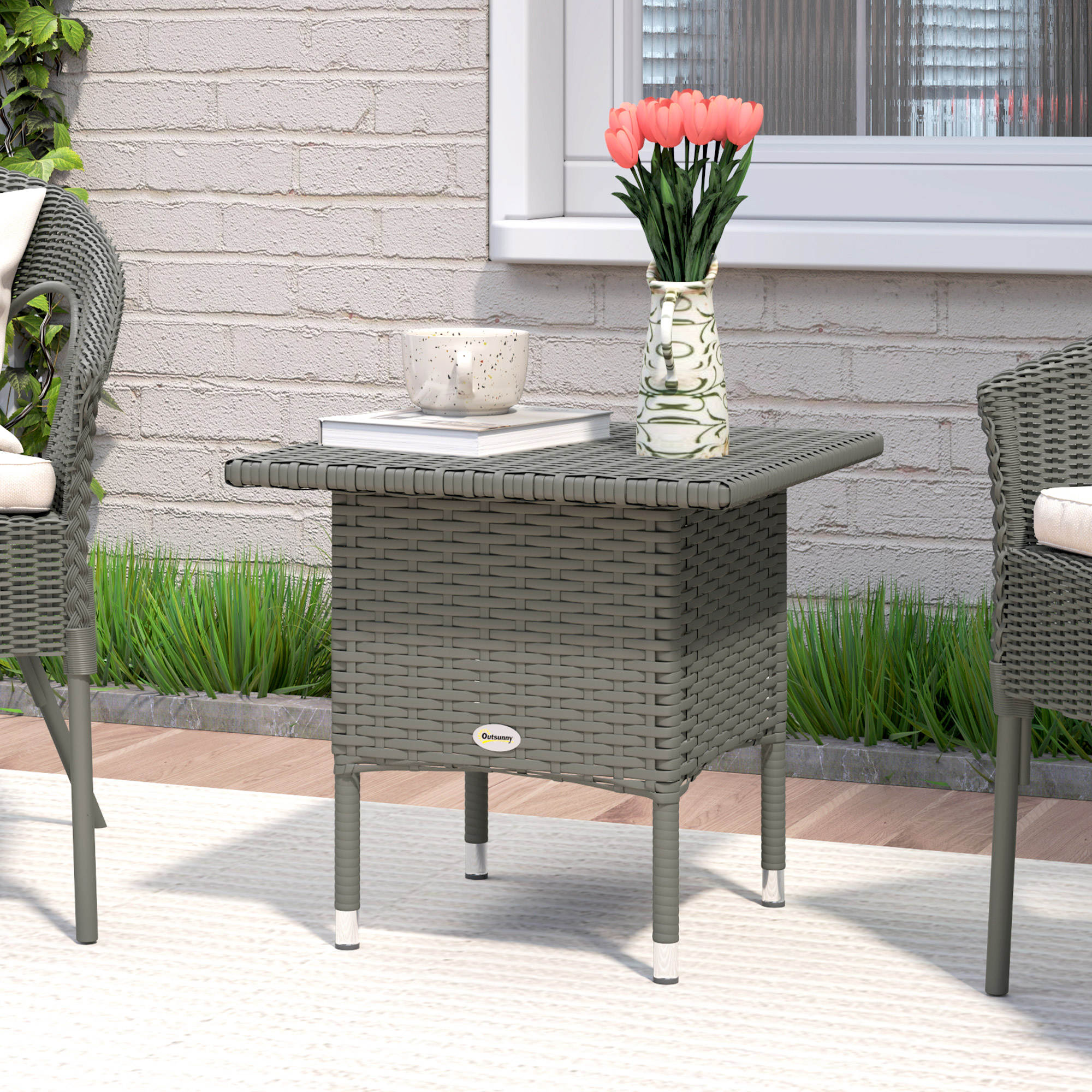 Outsunny Wicker Outdoor Side Table, 20" Square Patio End Table w/ Full Woven Top, Grey Aosom Canada