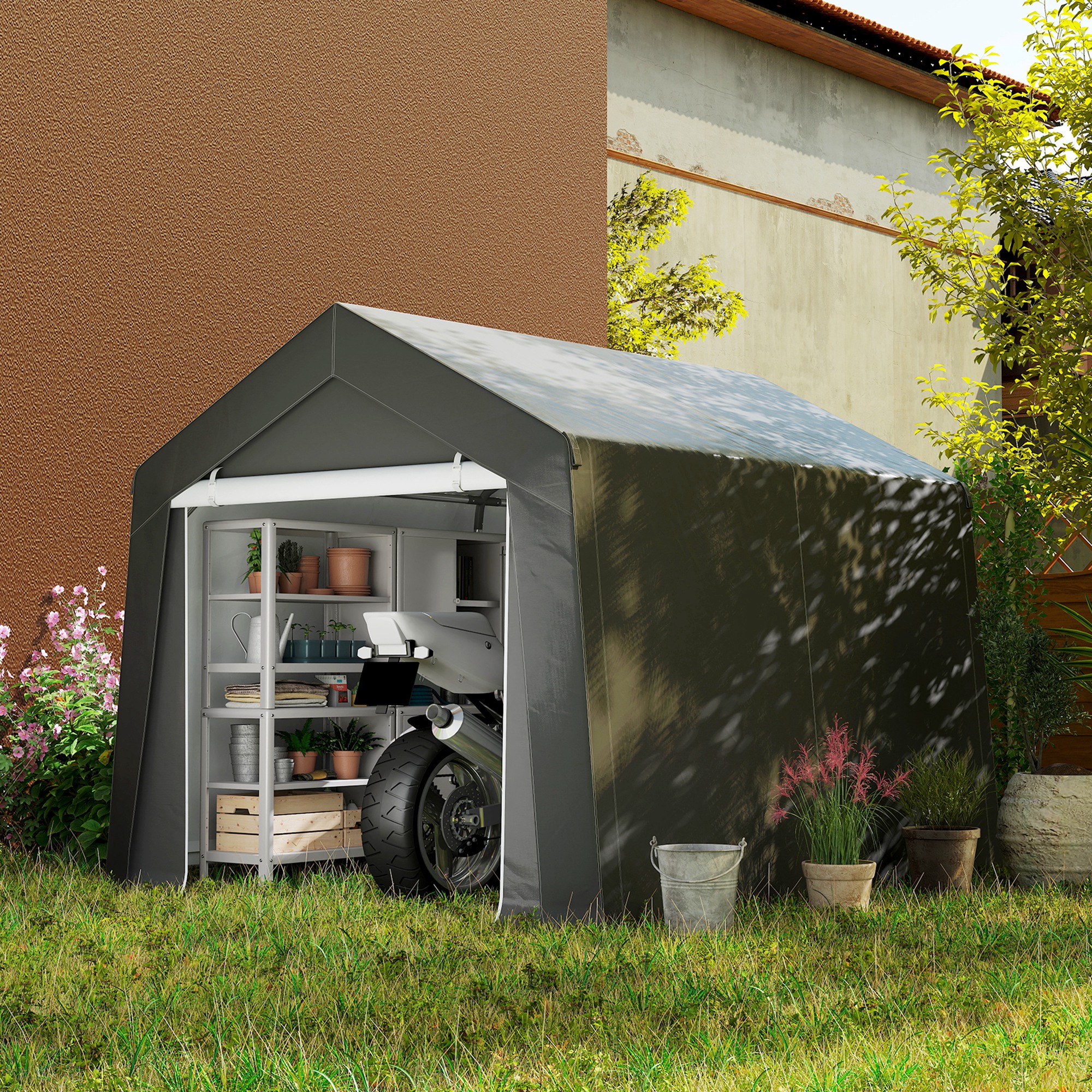 Outsunny 10' x 10' Outdoor Storage Shed Portable Garage with Roll-up Door for Motorcycle, Bike, Garden Tools, Dark Grey Aosom Canada