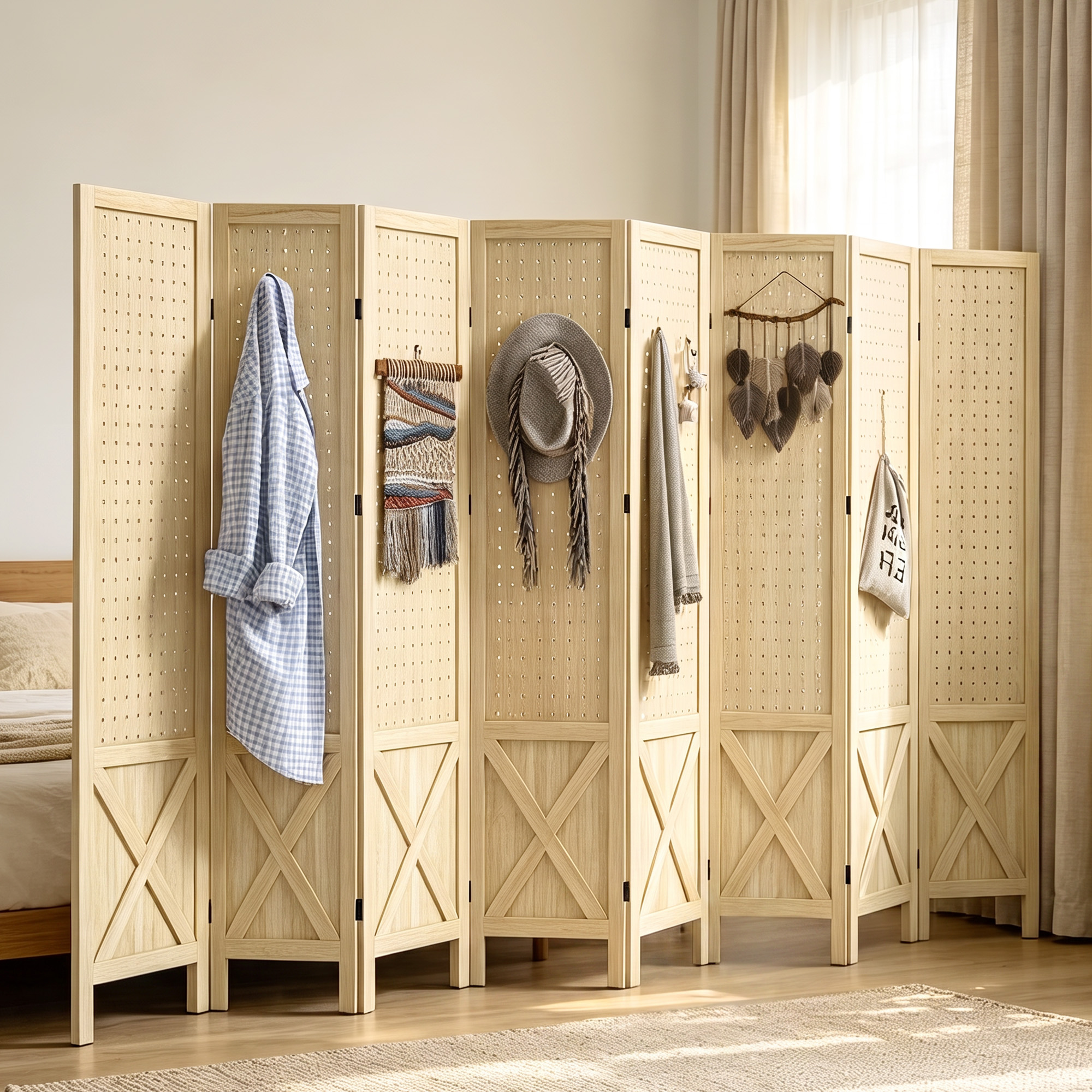 HOMCOM 8-Panel Wooden Room Partition with Pegboard, Folding Wall Divider with Solid Wood Frame, Anti-Slip Feet, Natural Wood Aosom Canada