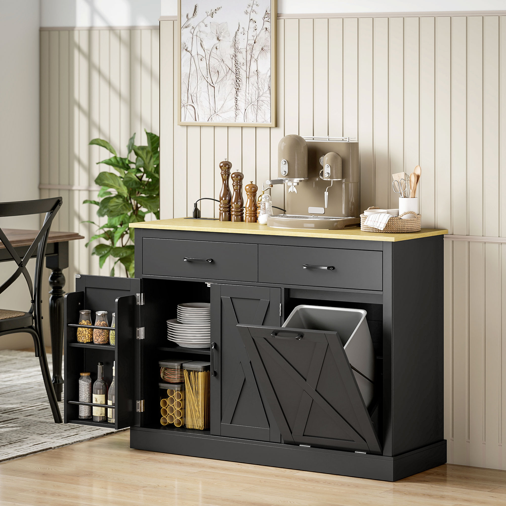 HOMCOM 7 Gallon Kitchen Island, Tilt Out Garbage Cabinet with Charging Station, 2 Drawers and 4 Door Racks, Black Aosom Canada