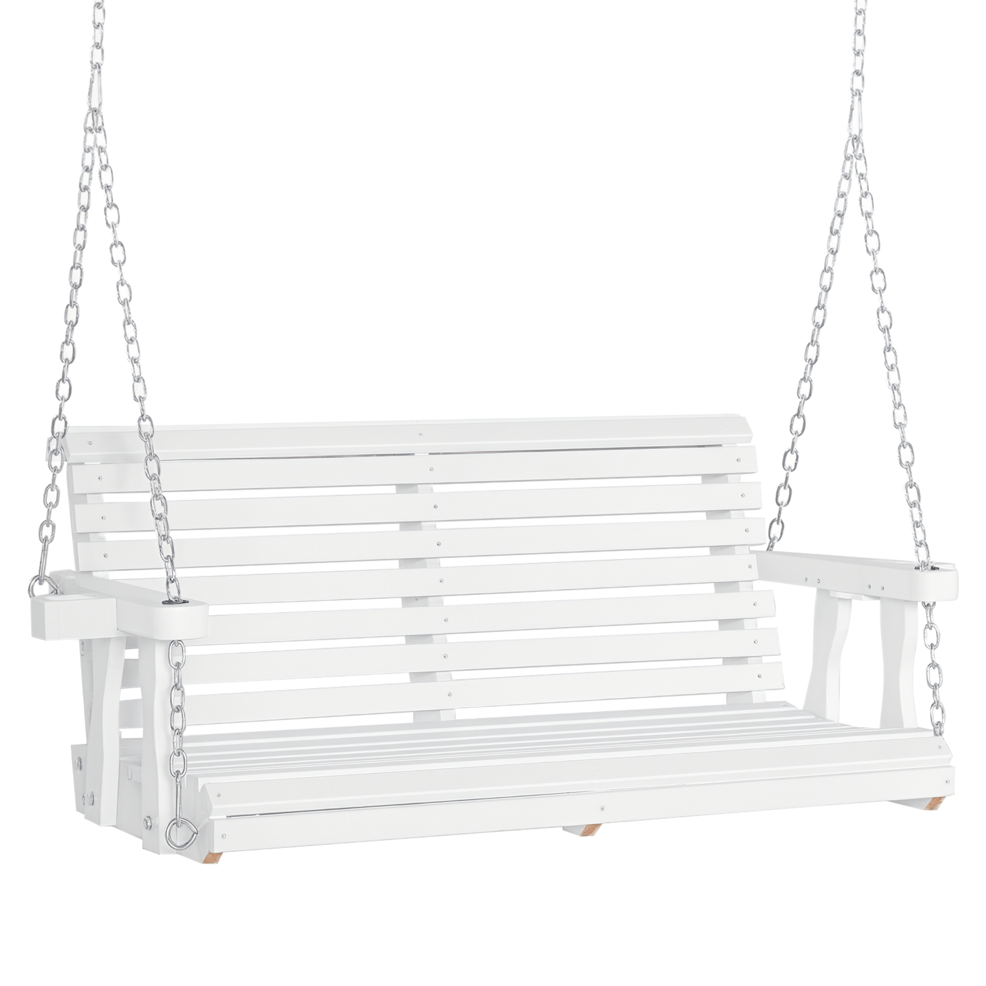 Outsunny 46" 2-Person Porch Swing Wooden Patio Swing Bench with Cup Holders, Slatted Design, Chains, 440lb Weight Capacity, White