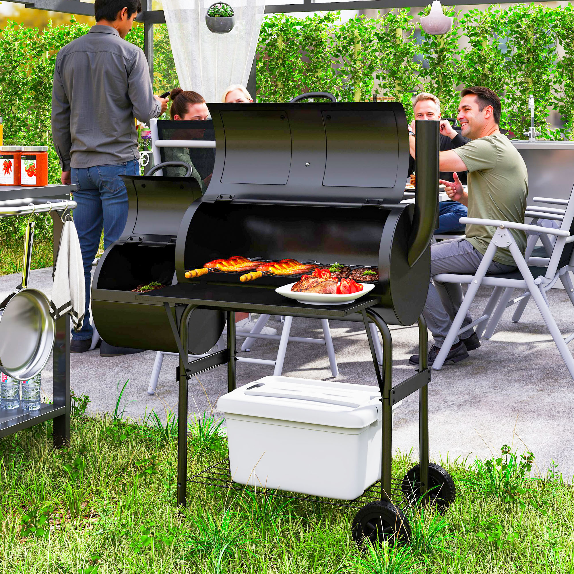 Outsunny Charcoal BBQ Grill with Offset Smoker, Barbecue Grill with Spacious Cooking Area, 2 Shelves Wheels for Outdoor Aosom Canada