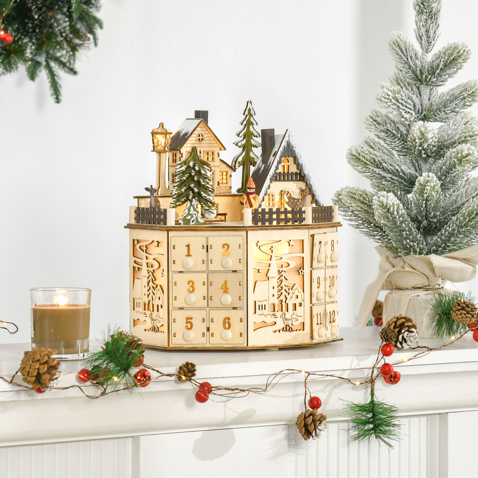 HOMCOM Wooden Advent Calendar with Lights, 24-Day Christmas Countdown, Tabletop Decor, Drawers, Natural Finish Aosom Canada