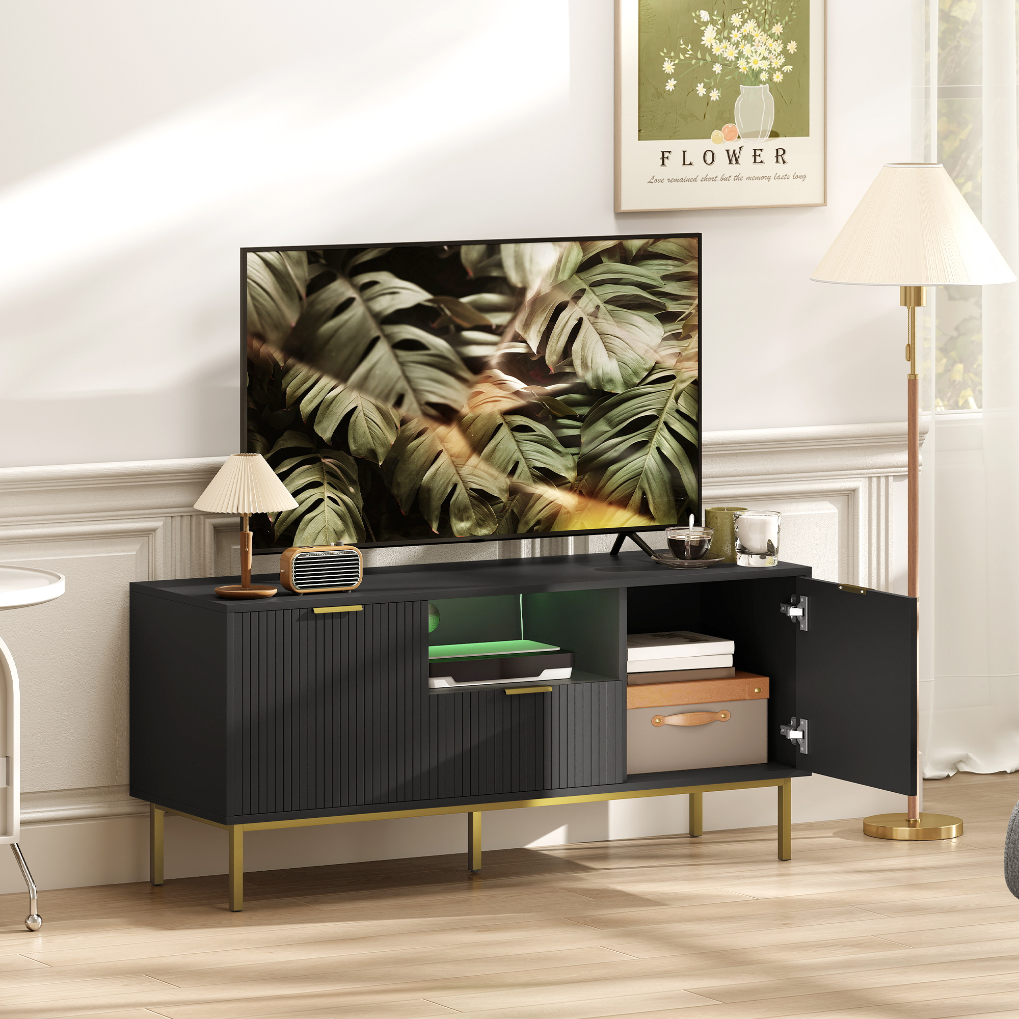 HOMCOM Modern TV Console for TVs up to 40 Inch, Entertainment Center with Smart RGB LED Lights and Soft Close Doors, Black Aosom Canada