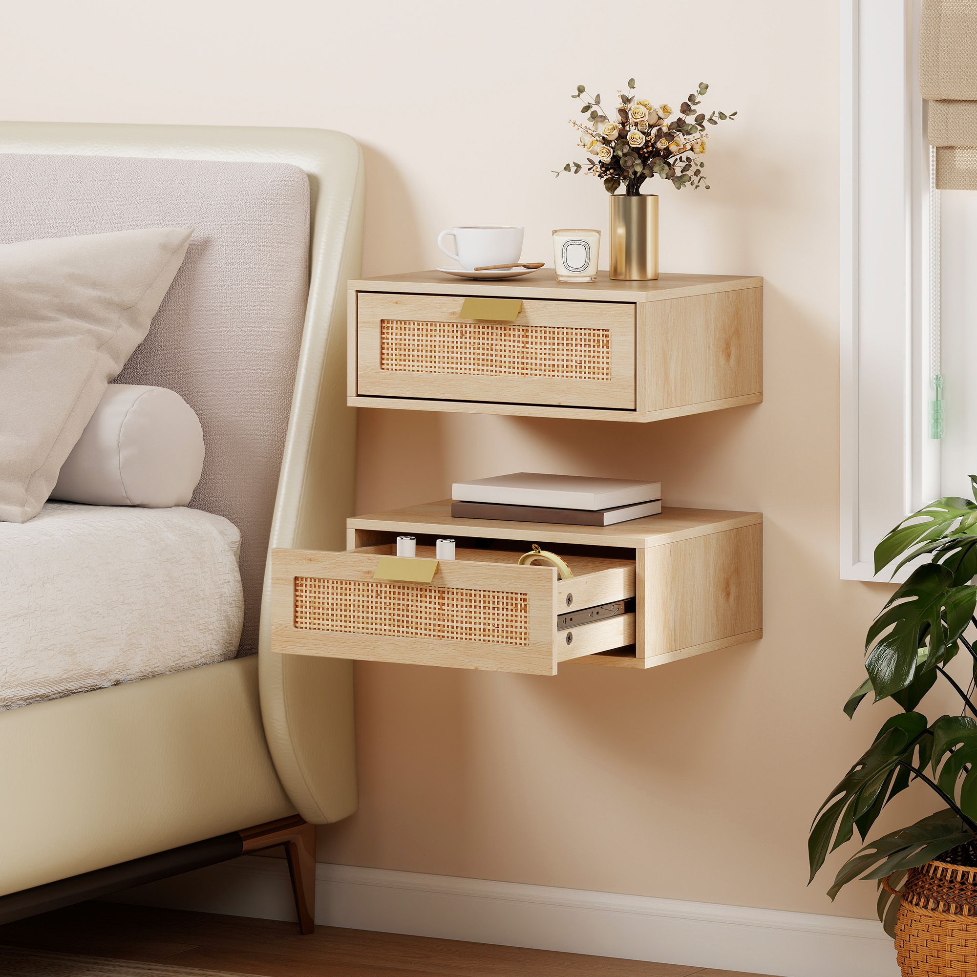 HOMCOM Floating Bedside Tables Set of 2, Wall Mounted Nightstands with Rattan Drawer and Wood Effect, Oak Aosom Canada
