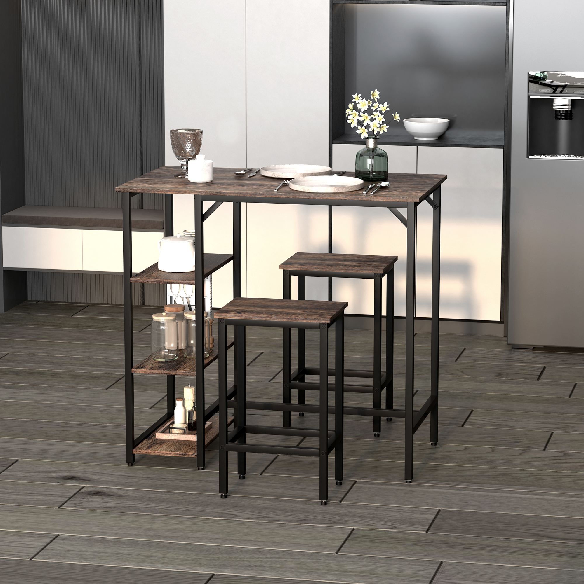 HOMCOM 3pc Industrial Dining Set Bar Table and Stools Counter Height Kitchen Table Chairs Rustic Brown Aosom Canada