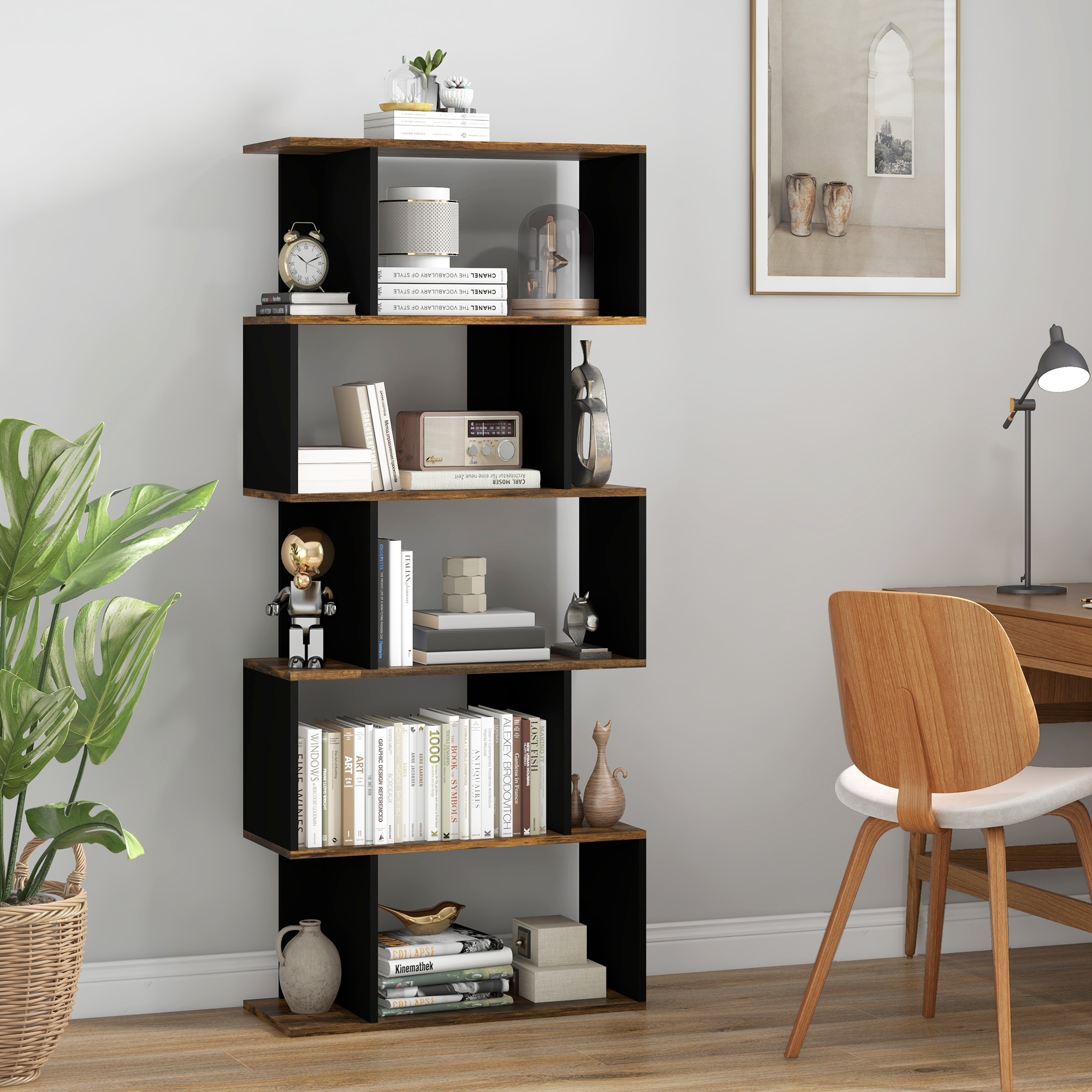 HOMCOM 5-Tier Bookshelf, Geometric S Shaped Bookcase, Tall Narrow Display Shelf for for Living Room, Study Room, Rustic Brown Aosom Canada