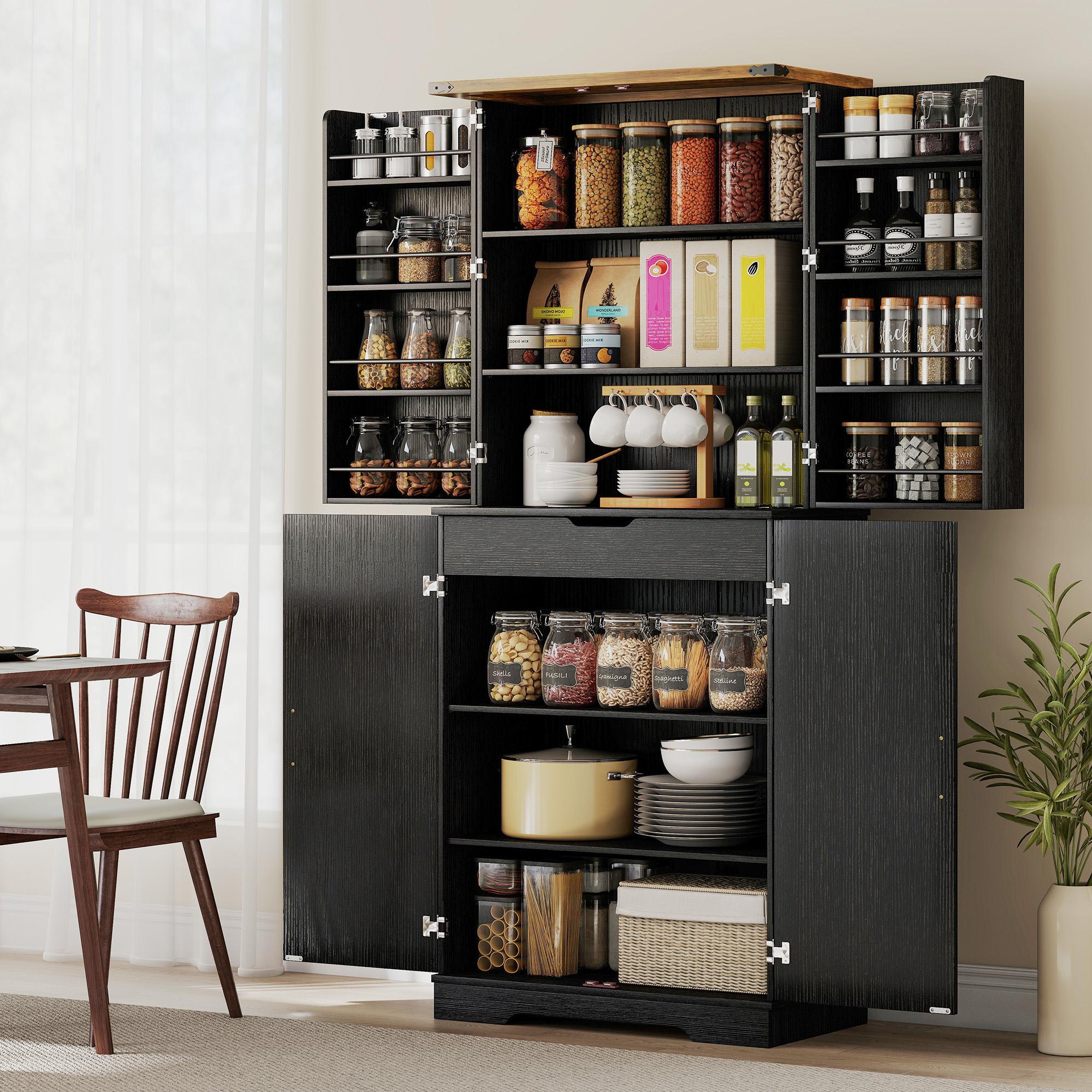 HOMCOM 72" Kitchen Pantry Cabinet, Farmhouse Storage Cabinet with 4 Doors, Drawer, 8 Door Shelves and Adjustable Shelf, Black Aosom Canada