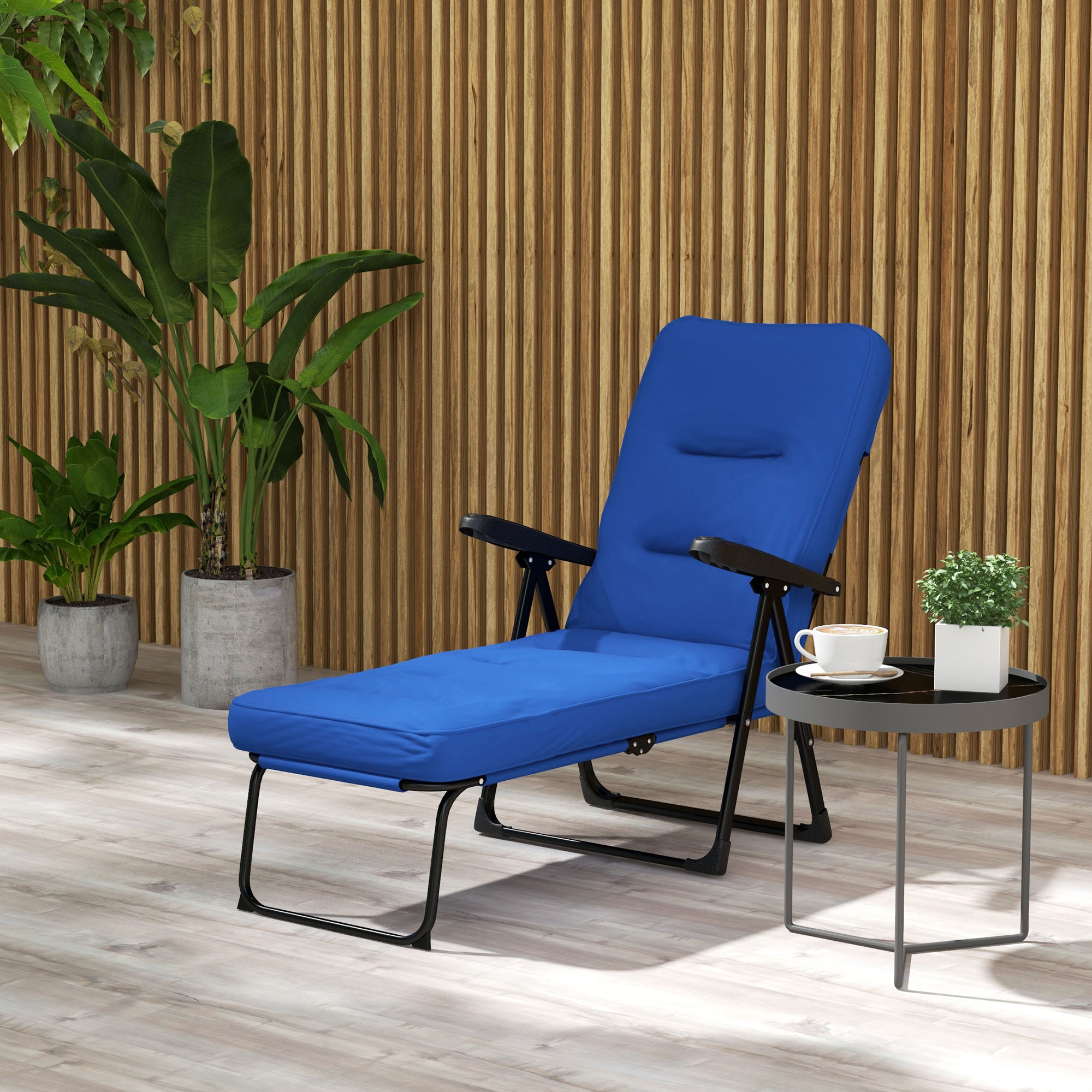 Outsunny Outdoor Lounge Chair with Padded Cushion Folding Reclining Patio Garden Chair with Recline Back Footrest Blue Aosom Canada