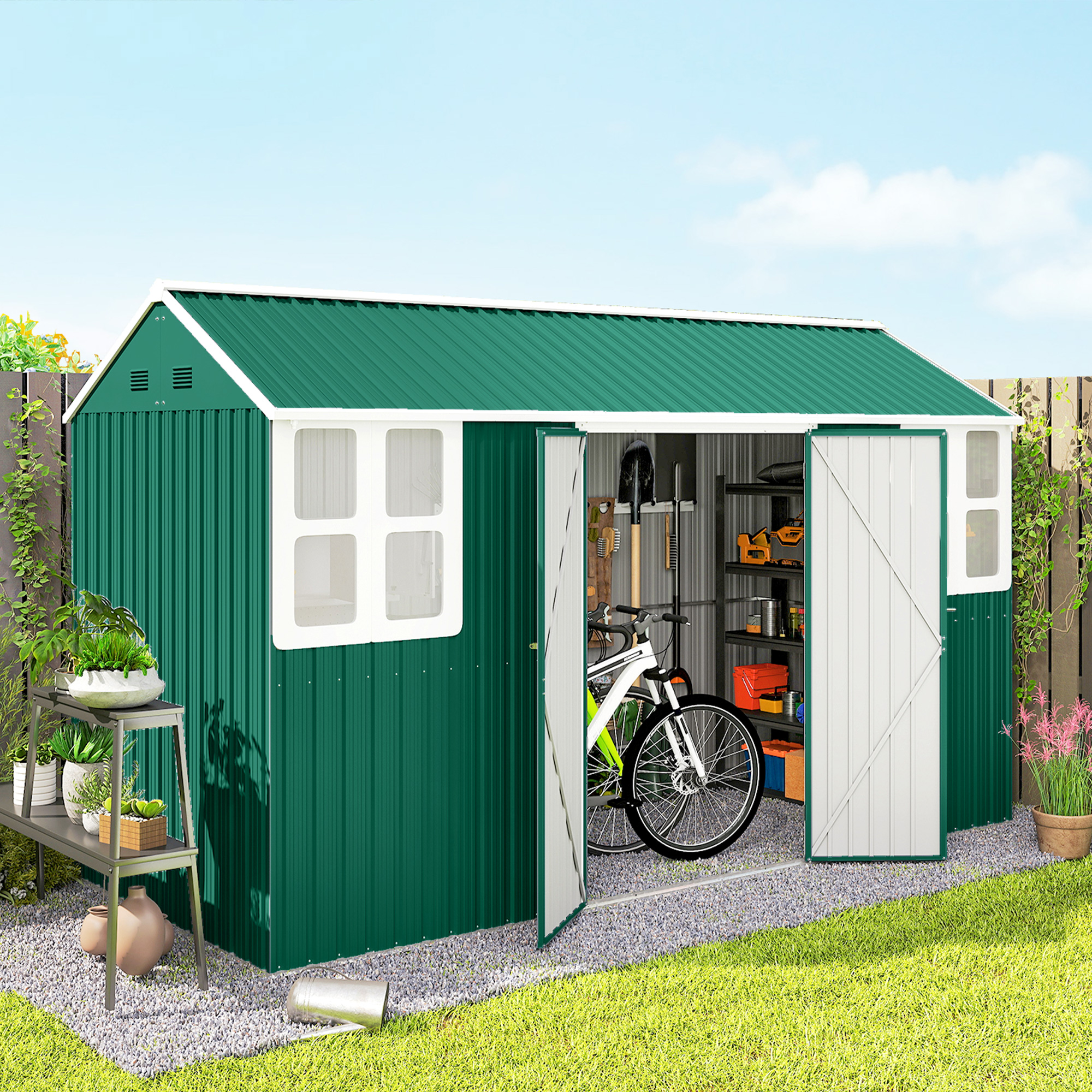 Outsunny 12' x 5.5' Metal Garden Storage Shed, Outdoor Tool Storage House with Lockable Door, Vents, Sloped Roof, Green Aosom Canada