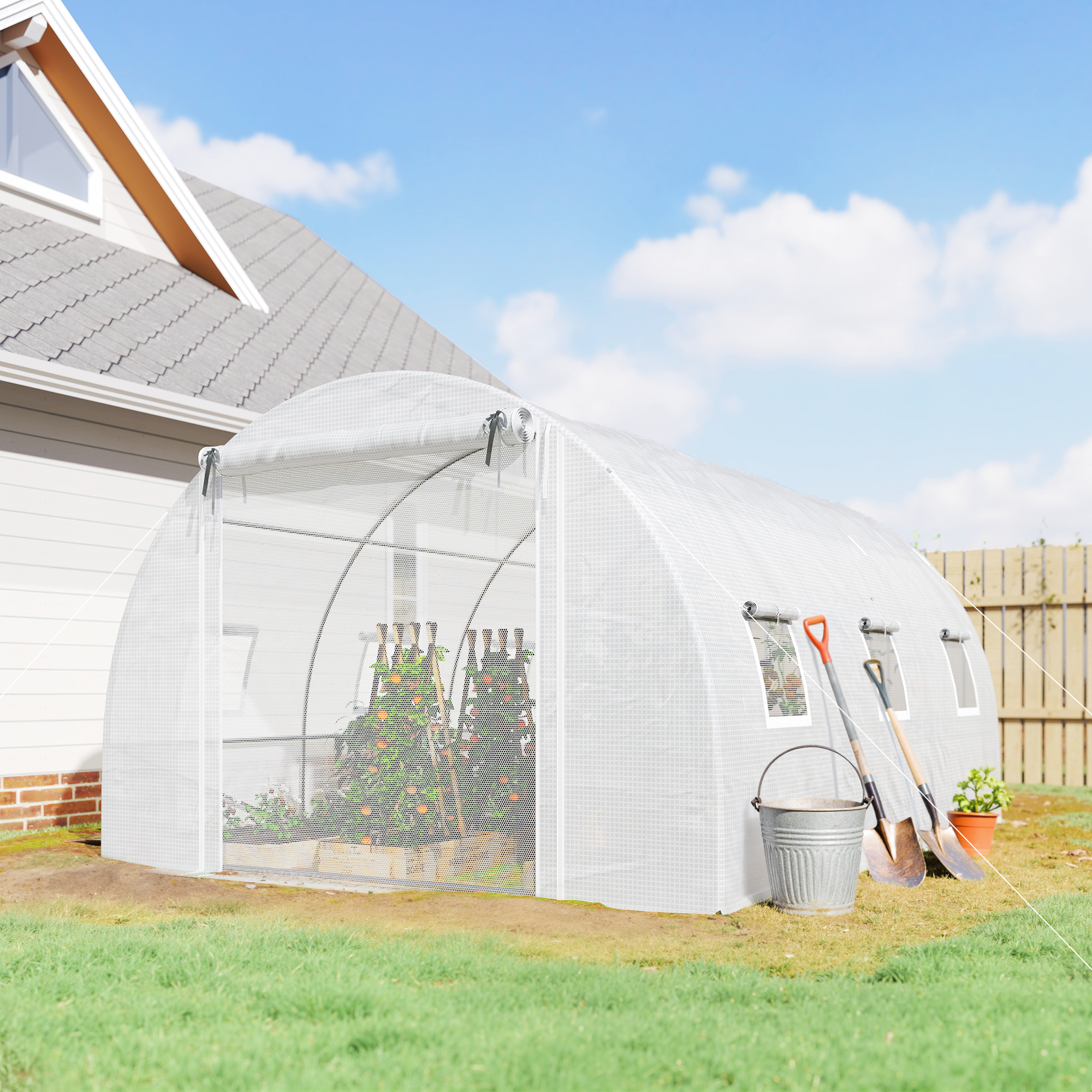 Outsunny Walk-in Tunnel Greenhouse, Plant Hot House w/ Support Rods, Roll-up Mesh Door, Mesh Windows, 13'x9.8'x6.6', White Aosom Canada