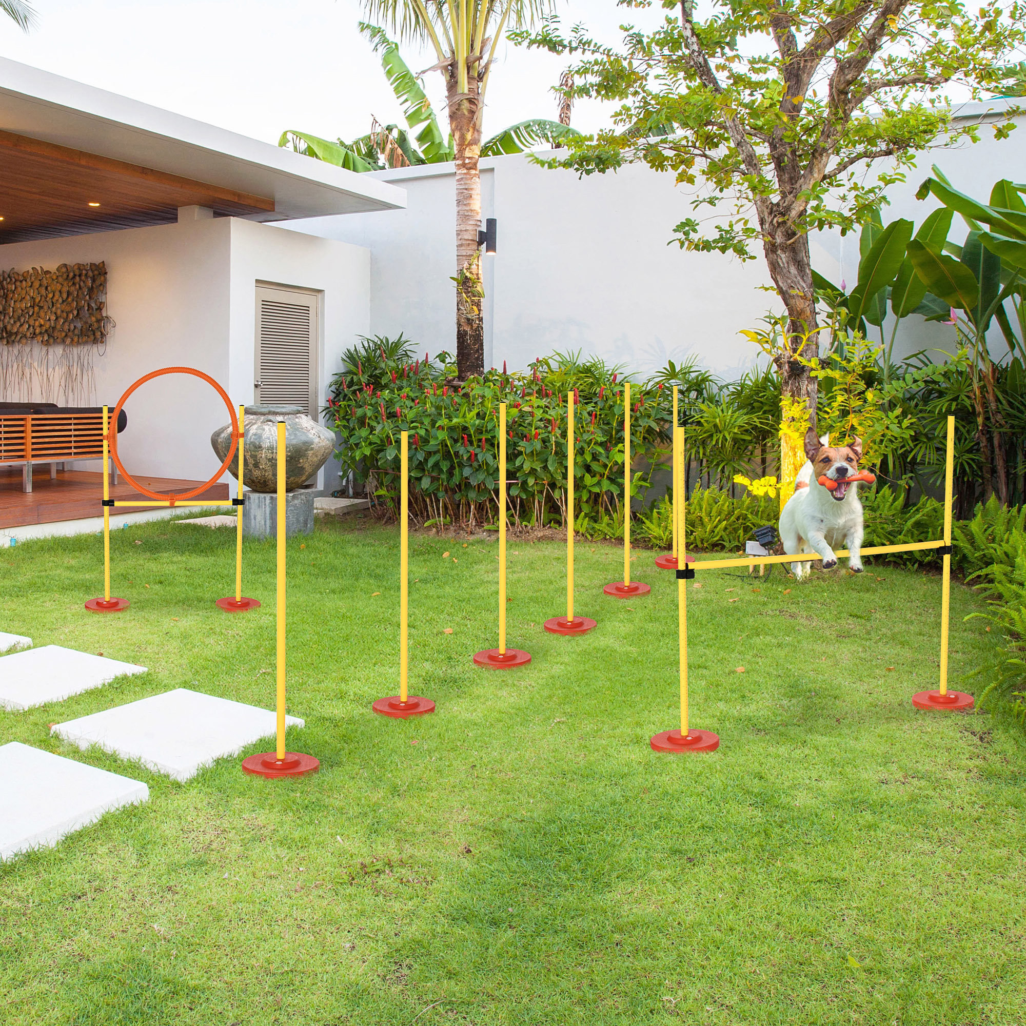PawHut Portable Pet Agility Training 3PC Obstacle Set for Dogs Adjustable Weave Pole Jumping Ring High Jump Aosom Canada