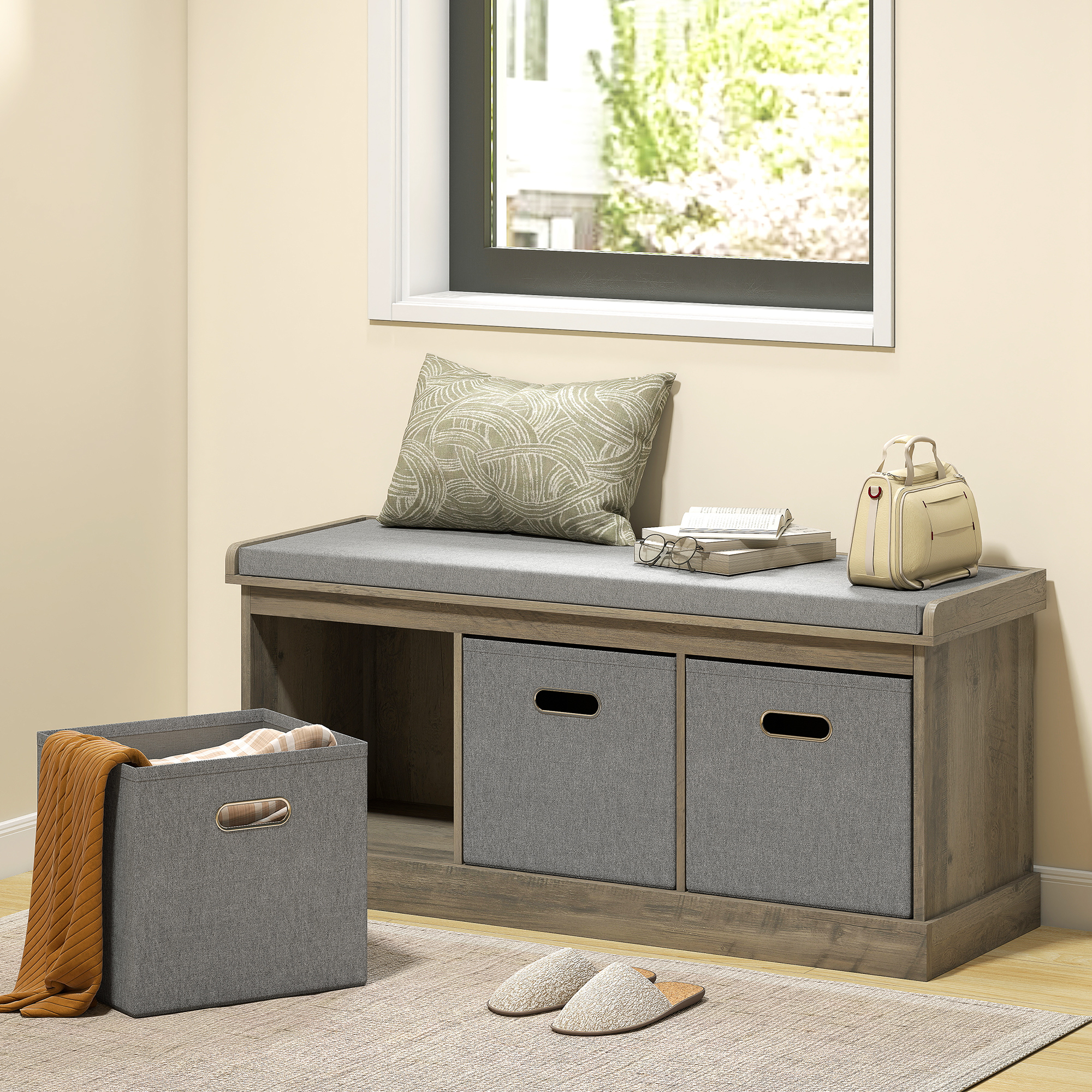 HOMCOM Shoe Storage Bench with Seat, Entryway Bench Seat with Cushion, 3 Fabric Drawers for Hallway, Washed Grey Aosom Canada