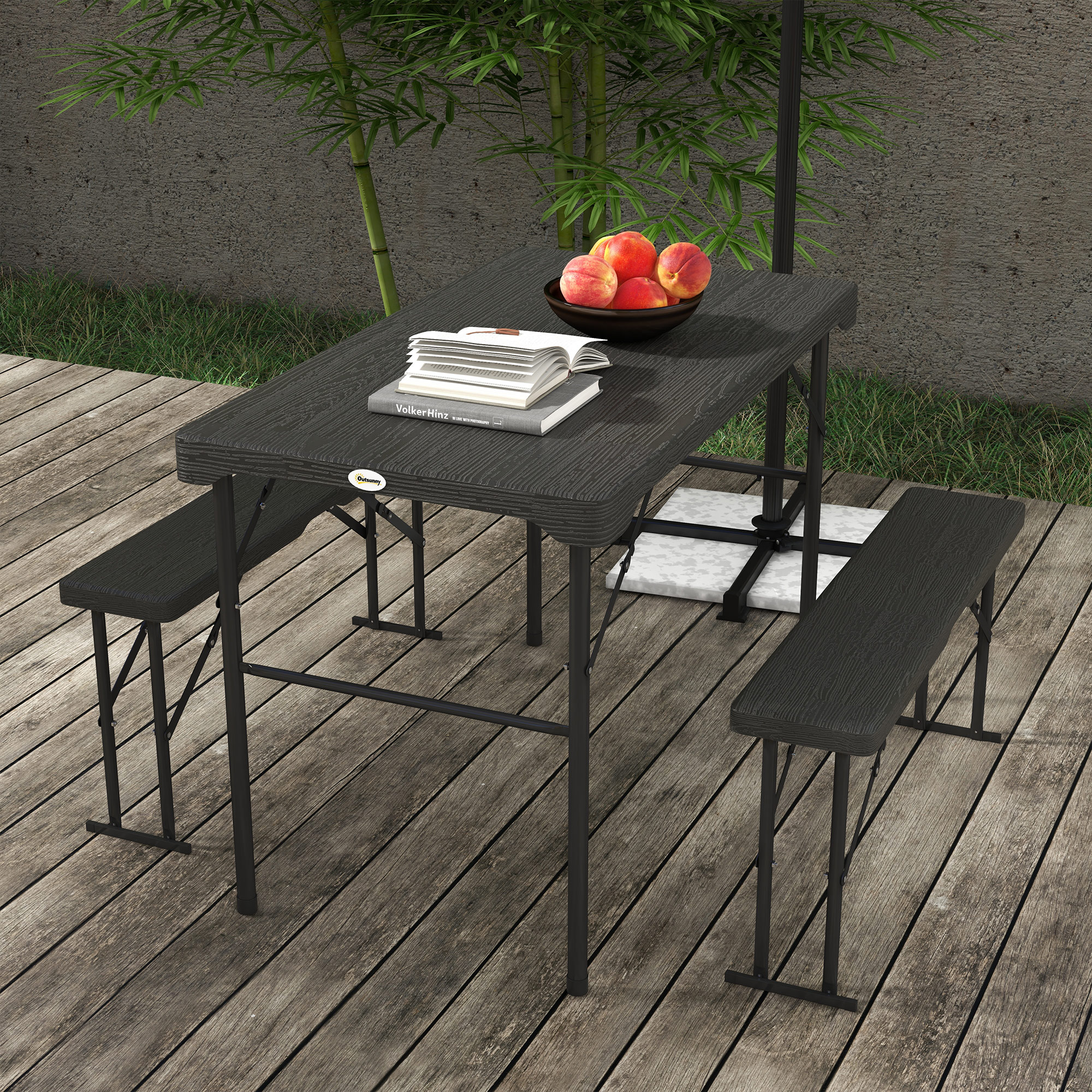 Outsunny 72" Folding Picnic Table Set 2 Benches 3pc Outdoor HDPE German Style Foldable Beer Table Dark Grey Aosom Canada