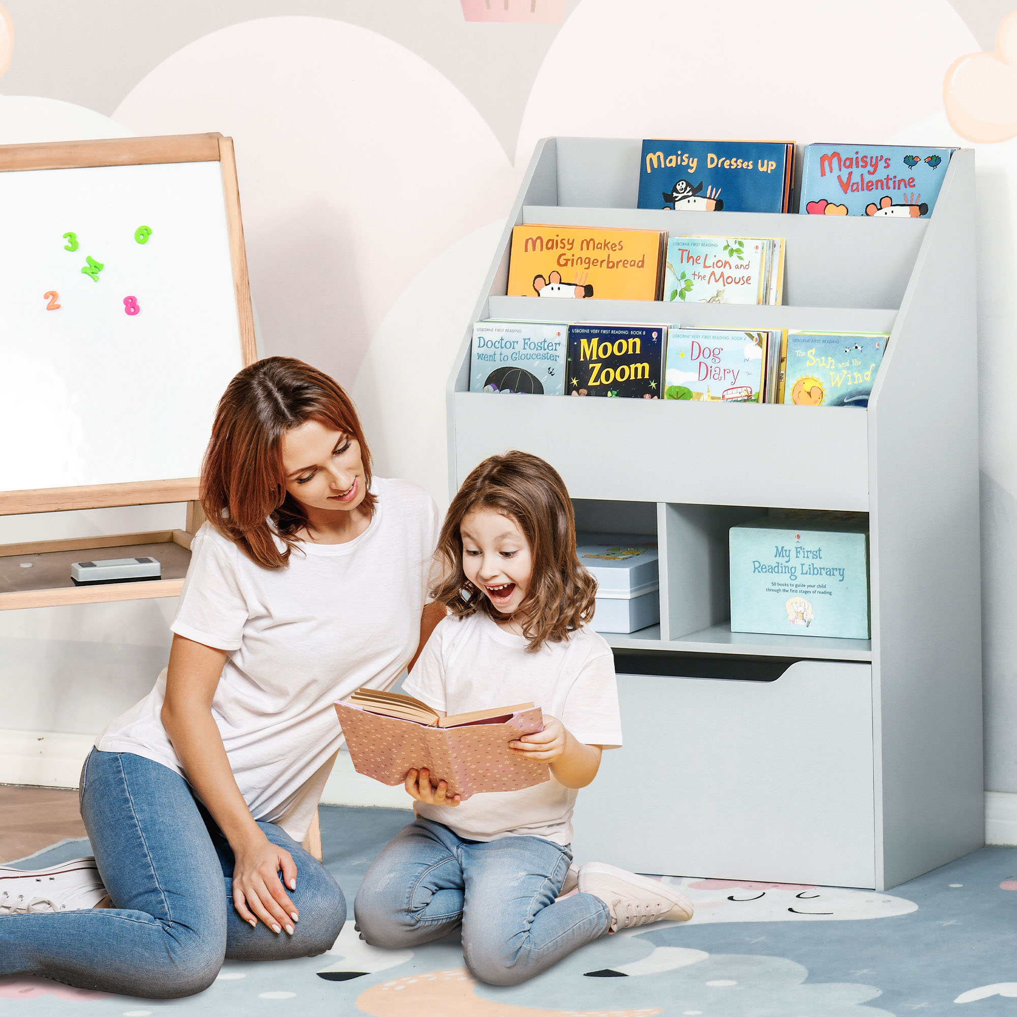 HOMCOM Kids Bookcase Multi Shelf Rack Organizer Storage Drawer Reading Nook Classroom Bedroom Playroom Grey Aosom Canada