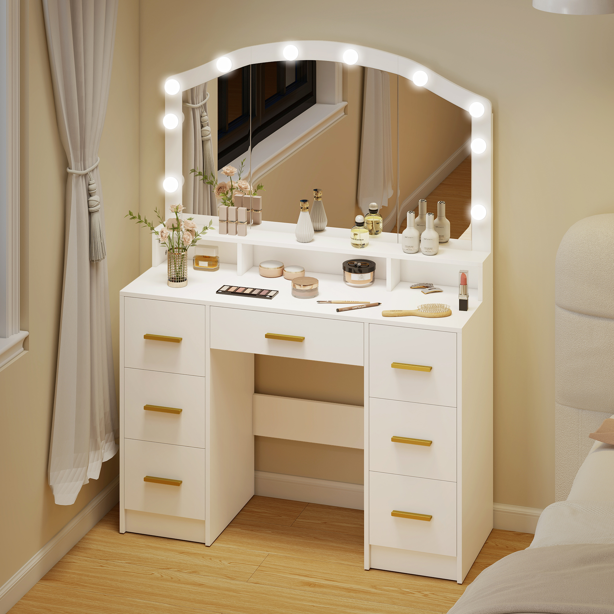 HOMCOM Makeup Vanity with Mirror and 10 LED Lights, 3 Colour Adjustable, Dressing Table with 7 Drawers, 3 Compartments, White Aosom Canada