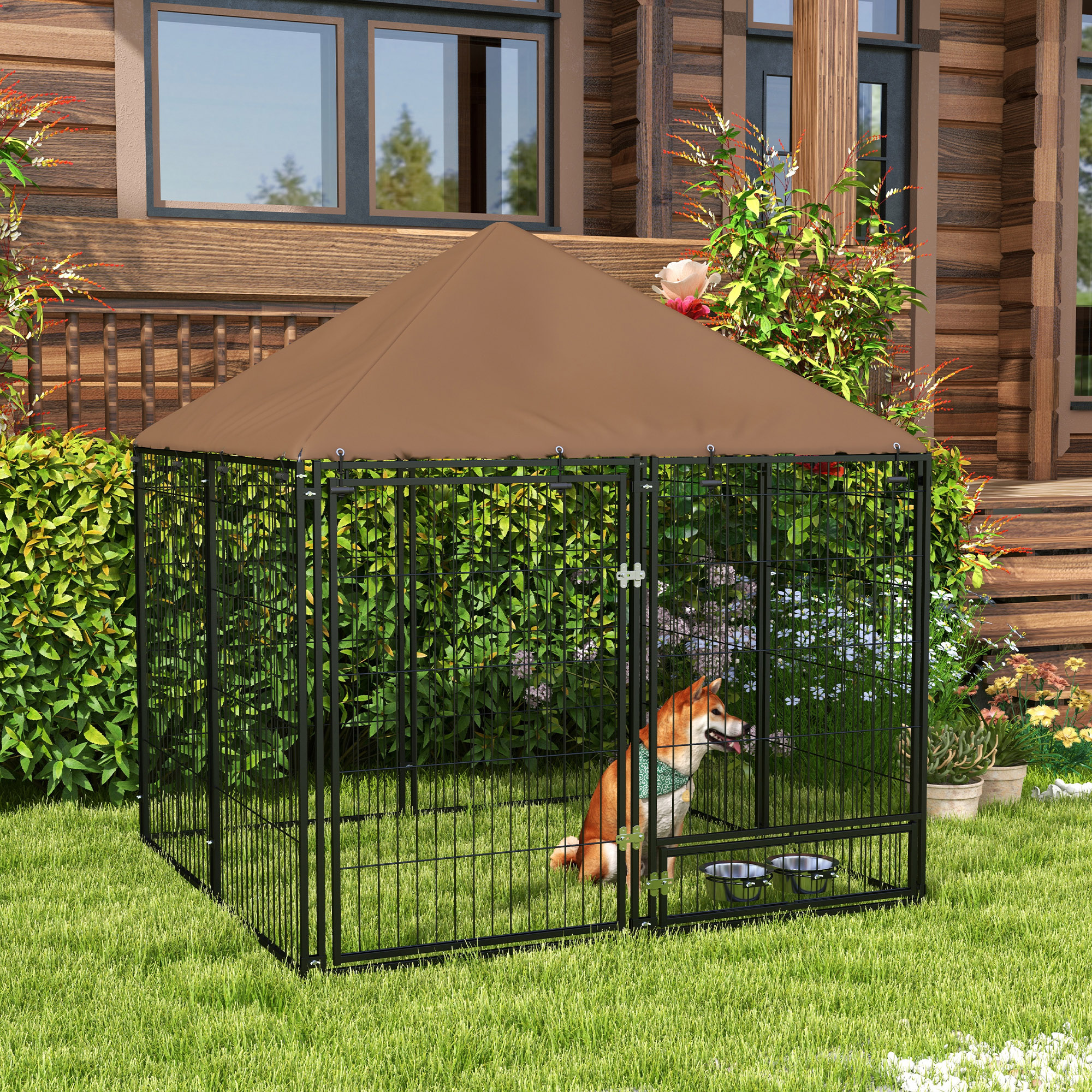 PawHut 4.6' x 4.6' x 5' Outdoor Dog Kennel with Canopy, Rotating Bowls, Coffee Aosom Canada