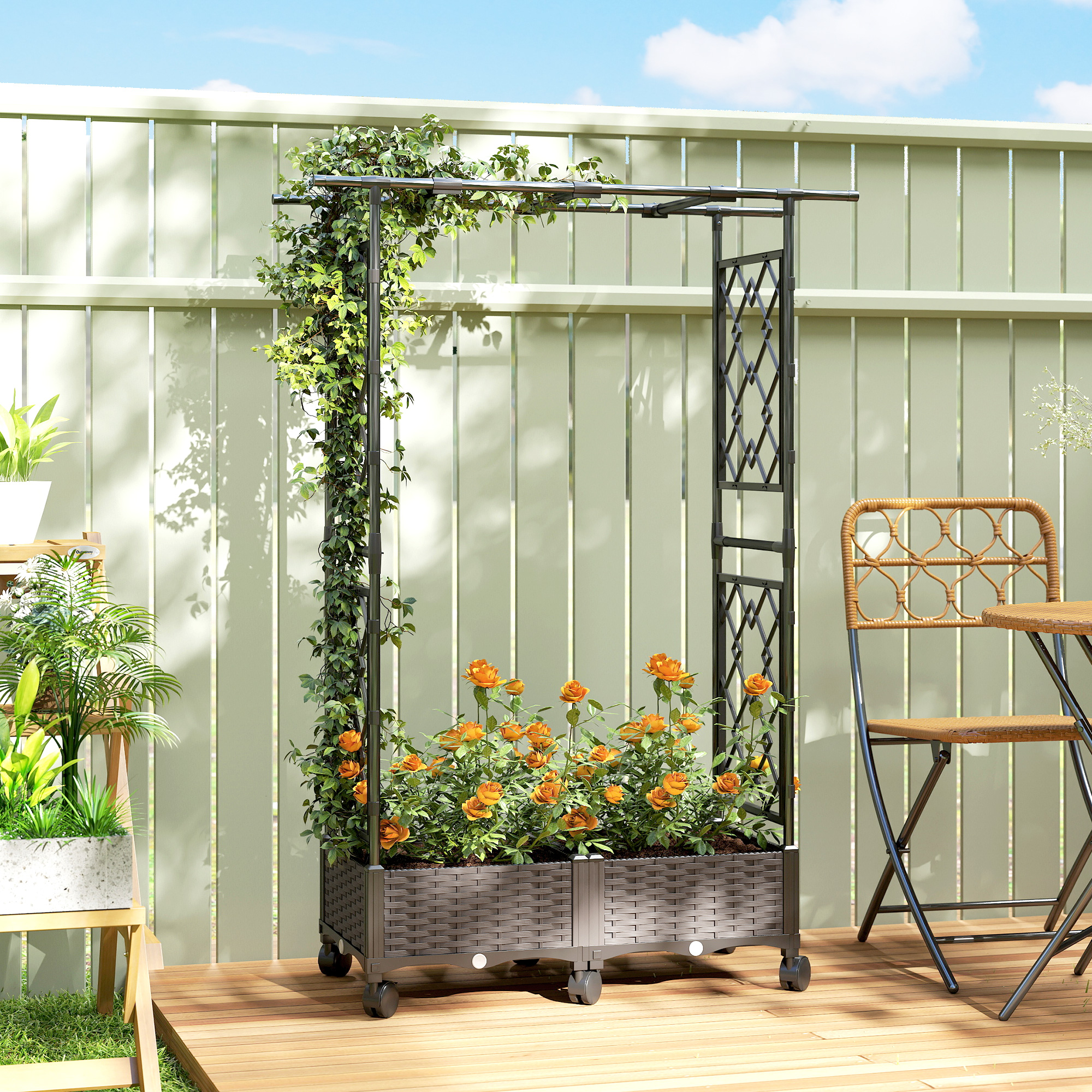 Outsunny Raised Garden Bed with Arch Trellis, Raised Bed for Garden on Wheels with Side Trellis for Climbing Plants, Flowers Aosom Canada