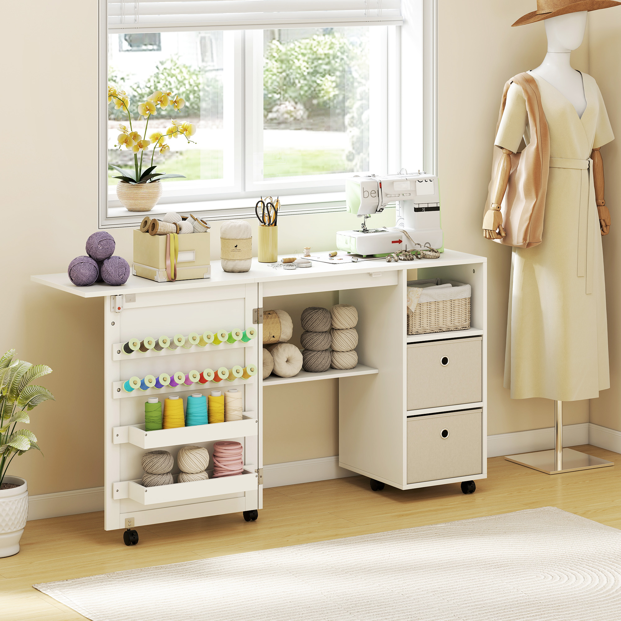 HOMCOM Rolling Sewing Machine Table with Power Outlet, Folding Craft Table with 2 Fabric Drawers, 2 Bins and 18 Pegs, White Aosom Canada