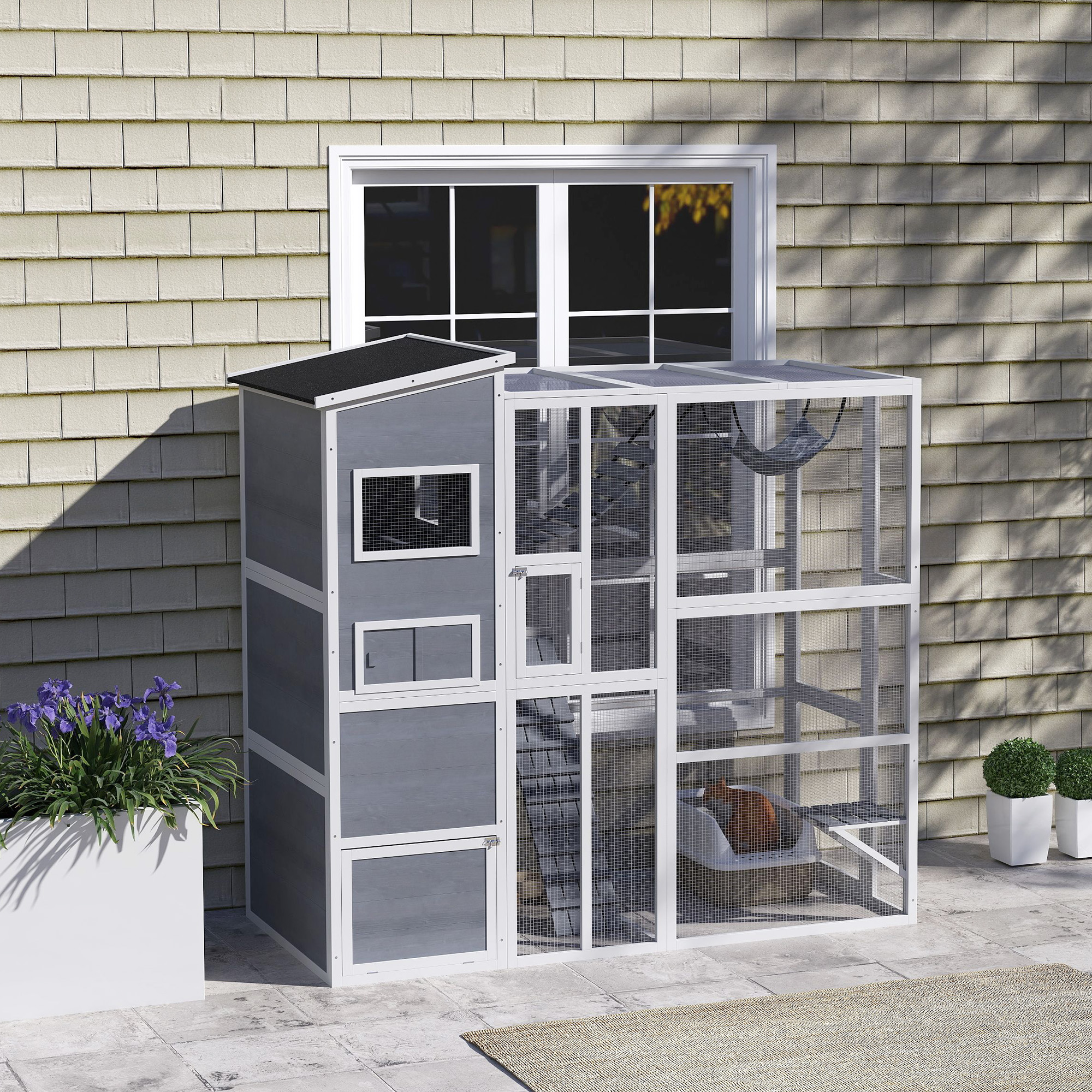 PawHut 76" Catio Outdoor Cat Enclosure with Cat Condo, Jumping Platforms, Ladder, Ramps, Hammock for 2-3 Indoor Cats, Grey Aosom Canada