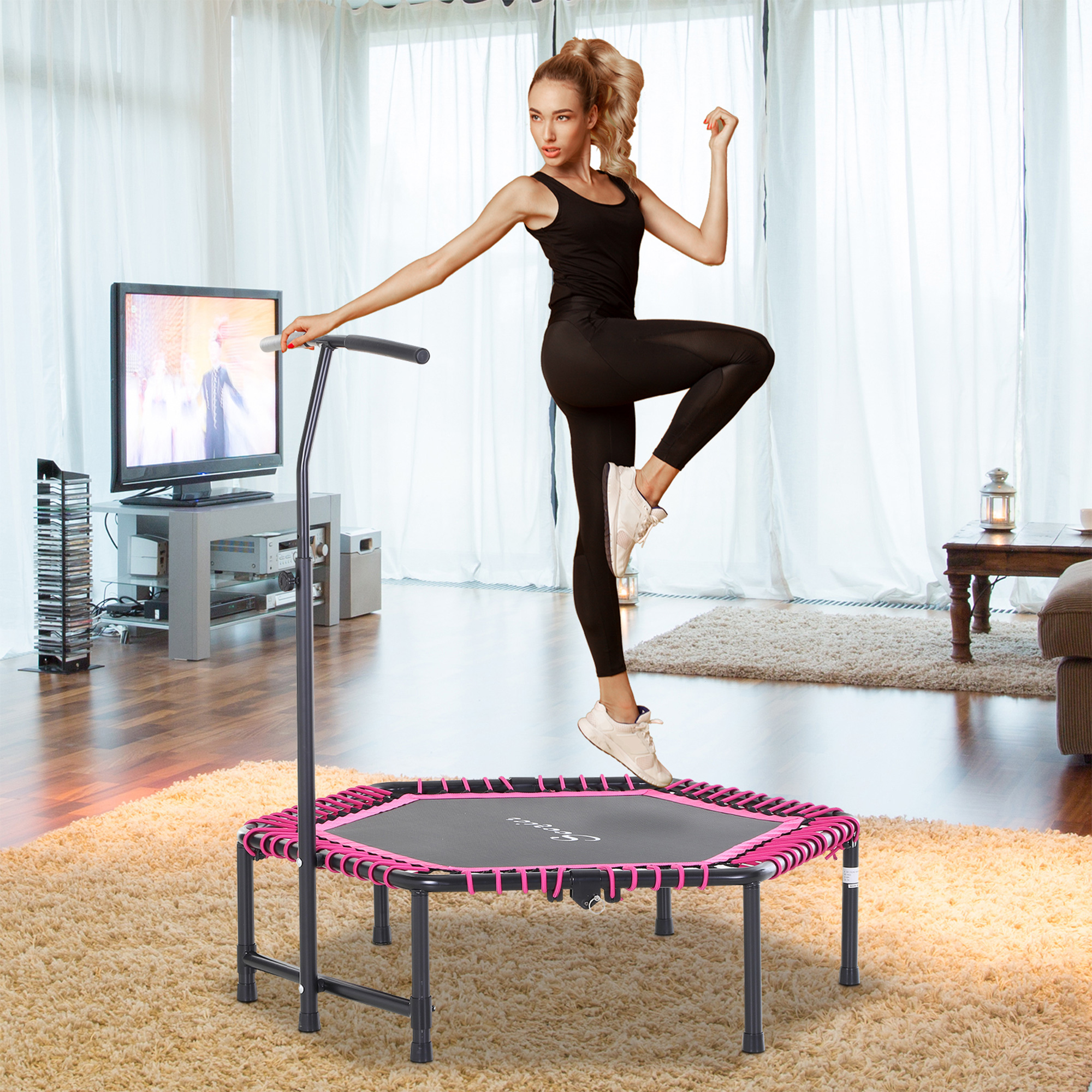 Soozier Hexagon Mini Trampoline 48" Adult Fitness Rebounder with Adjustable Handle Pink Cardio Trainer Outdoor Bouncer Aosom Canada