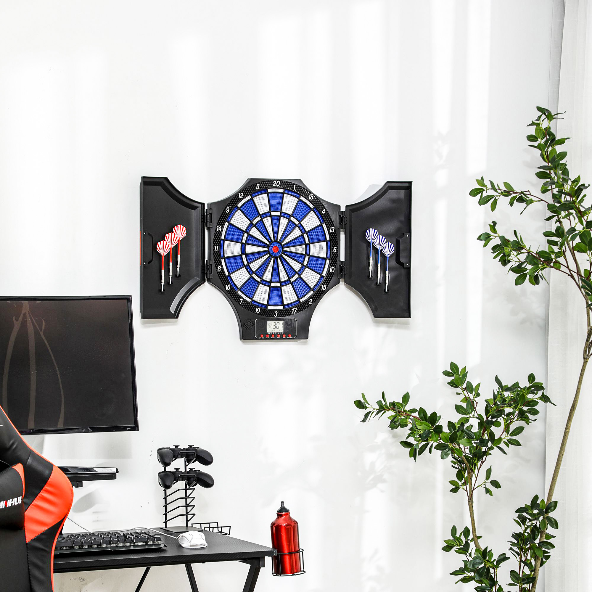 Soozier Electronic Dartboard Cabinet Set with 31 Games for 8 Players Soft Tip Darts LED Display Aosom Canada