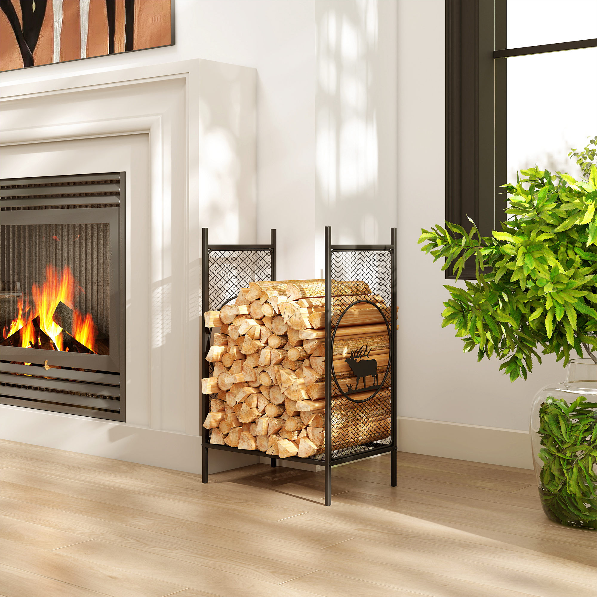 Outsunny Firewood Rack Outdoor, 19" Heavy Duty Metal Fireplace Log Holder with Mesh Sides and Decorative Deer Patterns Aosom Canada