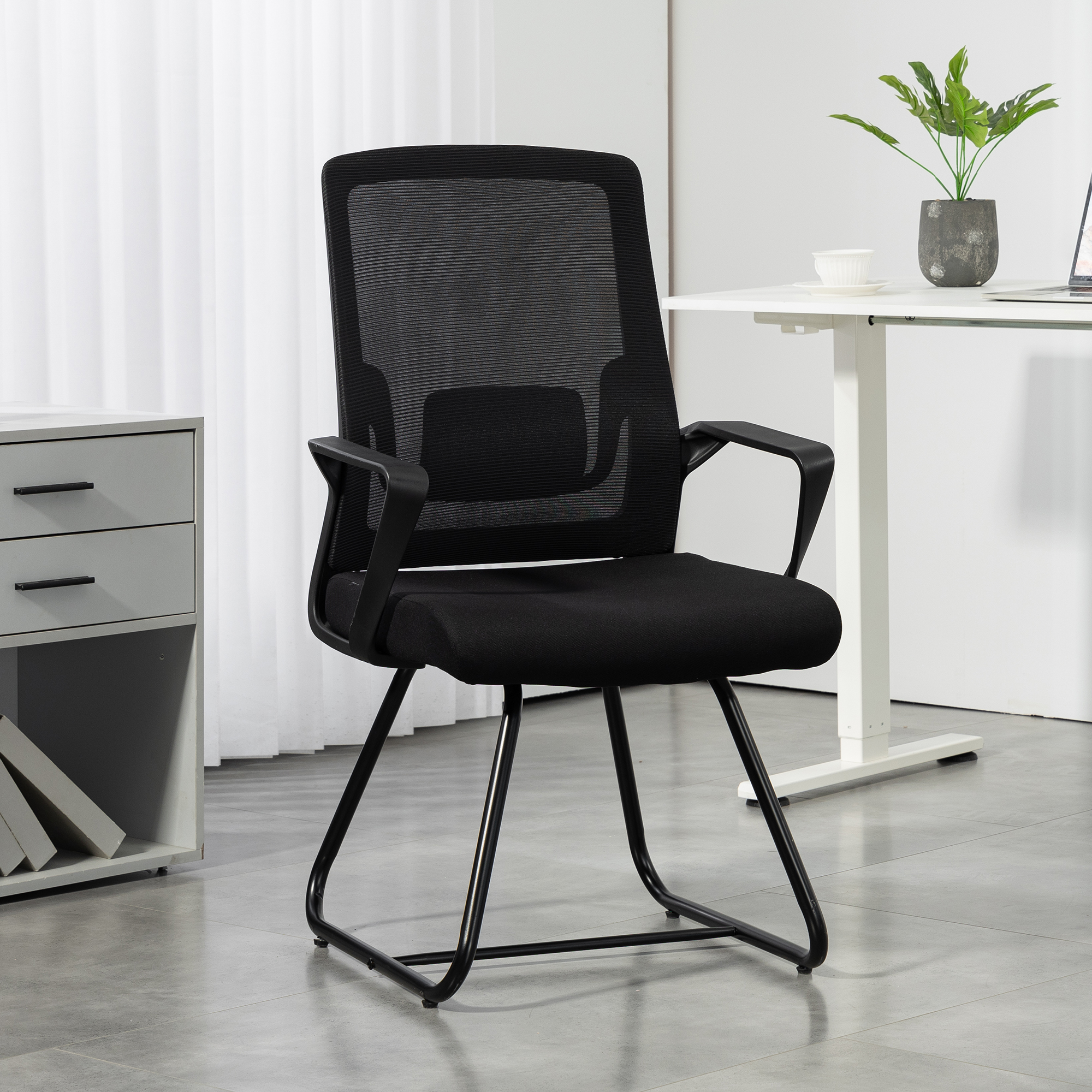 HOMCOM Waiting Room Chair, Desk Chair No Wheels with Mesh Back, Lumbar Support, Metal Base for Reception Room, Conference Room Aosom Canada