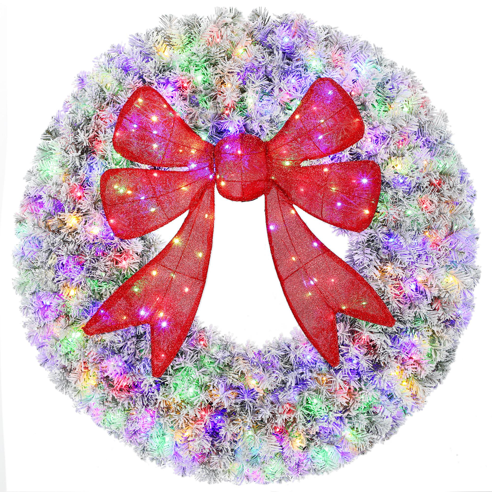 HOMCOM 36in Flocked Pre-Lit Christmas Wreath with 3D Red Bow, 11 Lighting Modes, Front Door Christmas Wreath with Remote