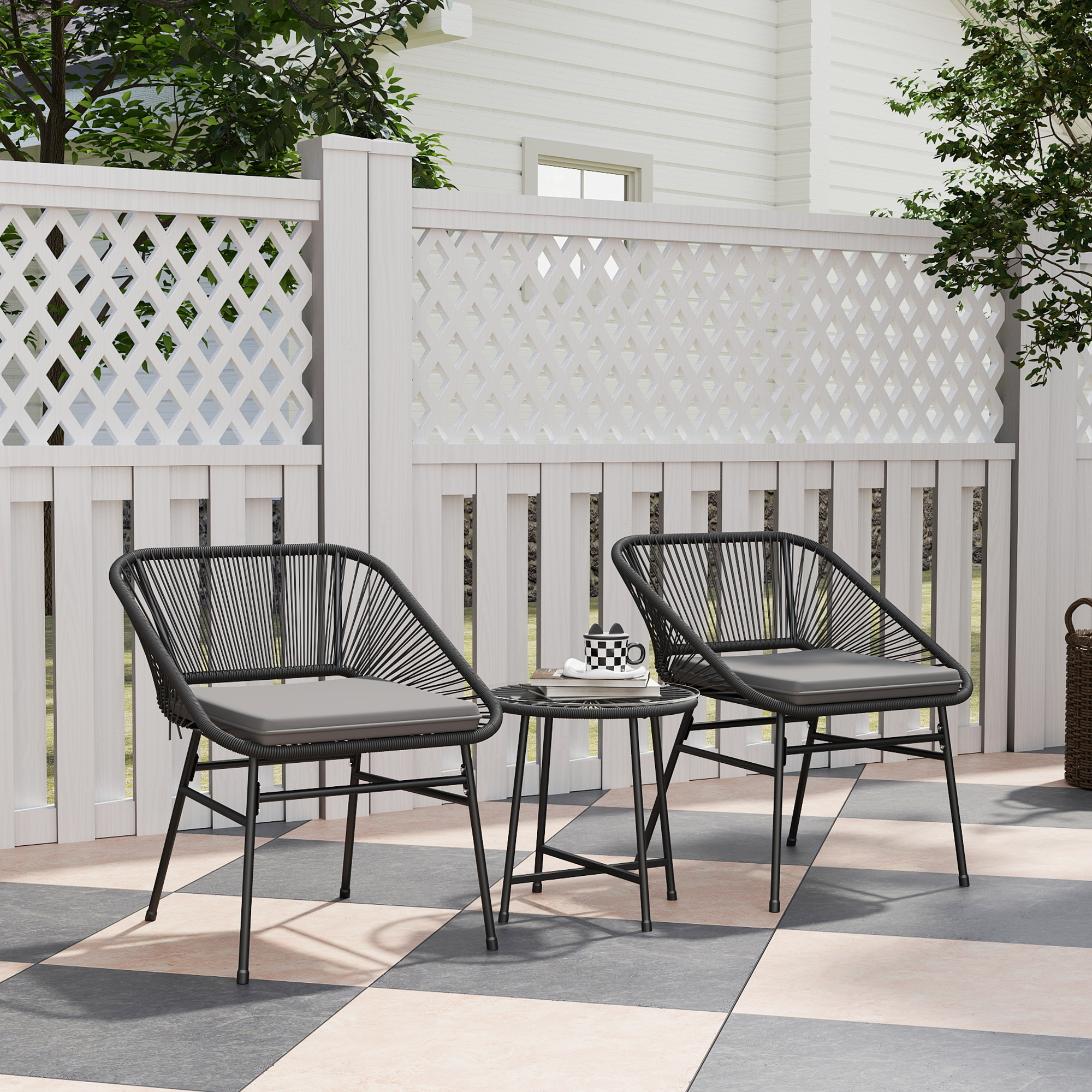 Outsunny 3 Piece Bistro Set, Wicker Outdoor Patio Furniture Set with Glass Top Table, Cushions for Balcony, Porch, Black Aosom Canada
