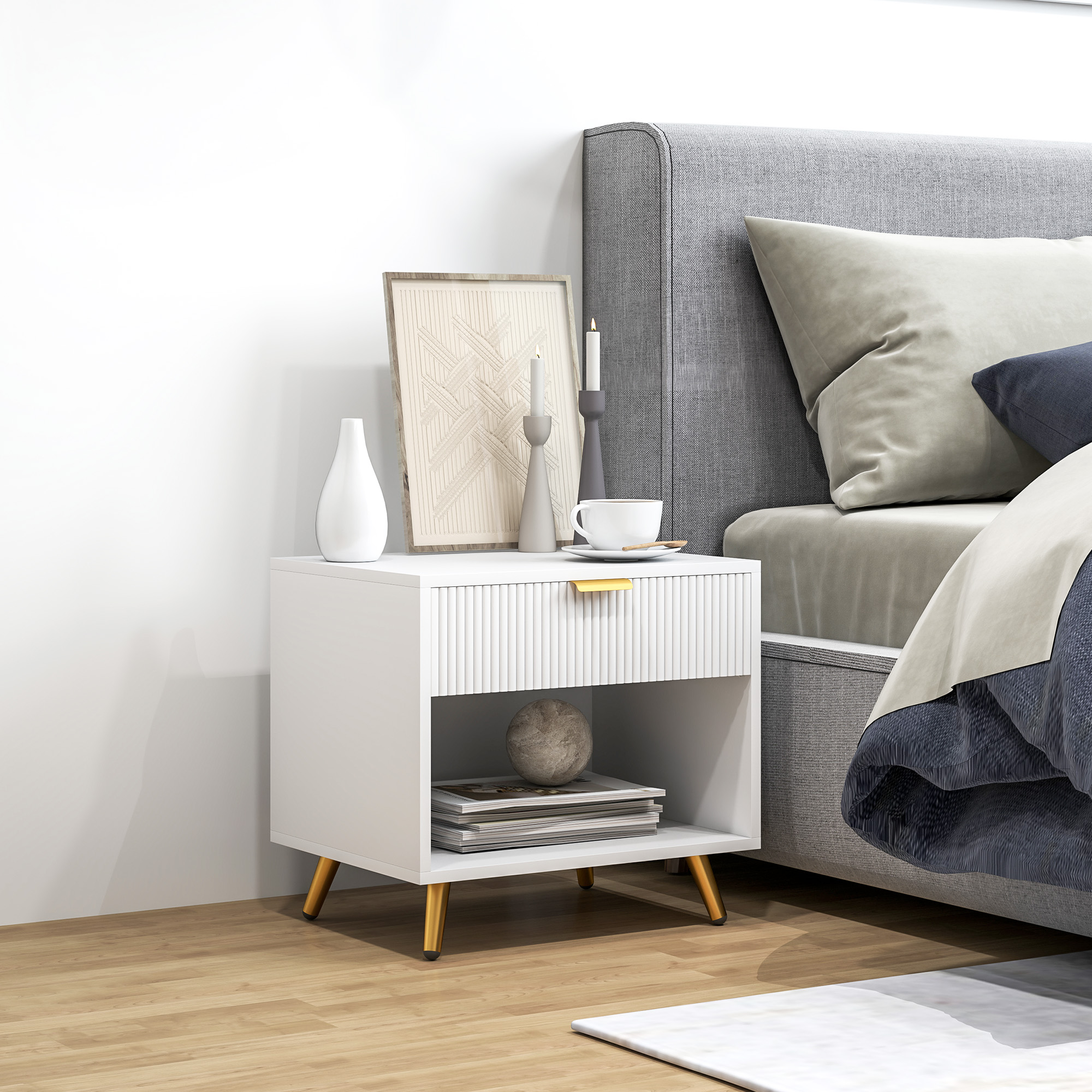 HOMCOM Nightstand with Fluted Panel, Bedside Table with Drawer and Open Compartment, Modern Night Table for Bedroom, White Aosom Canada