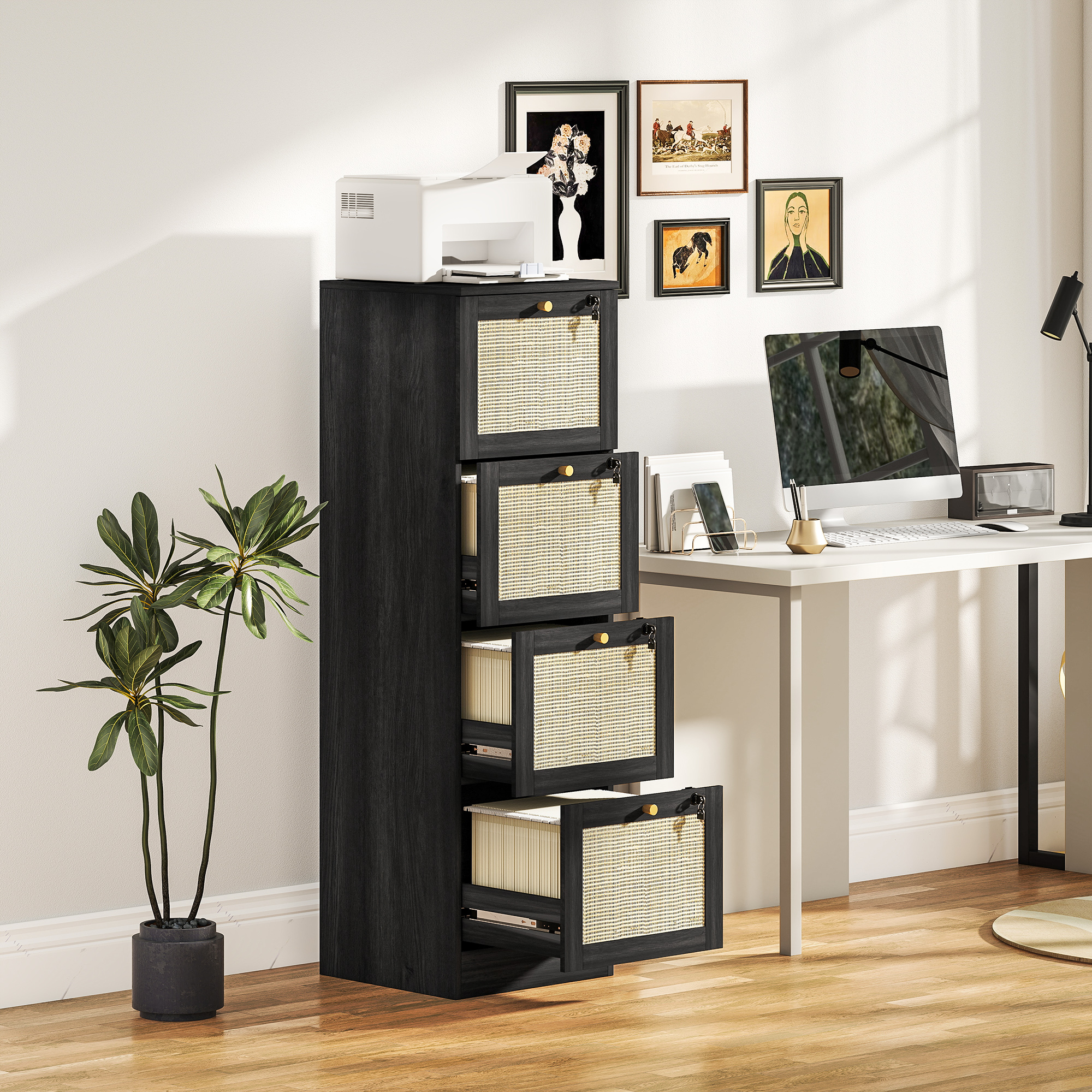 HOMCOM 4 Drawer Filing Cabinet with Lock, Boho File Cabinet for A4 Letter Size Files with Decorative Rattan Accents, Black Aosom Canada