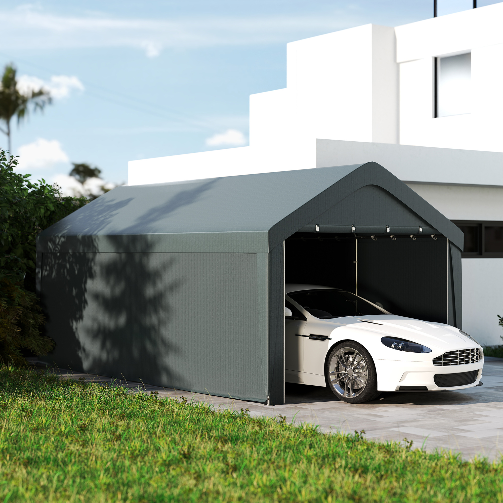 Outsunny Carport, 10 x 20 ft Portable Garage with 2 Roll-Up Doors and Removable Sidewalls for Car, Truck, Boat, Dark Grey Aosom Canada