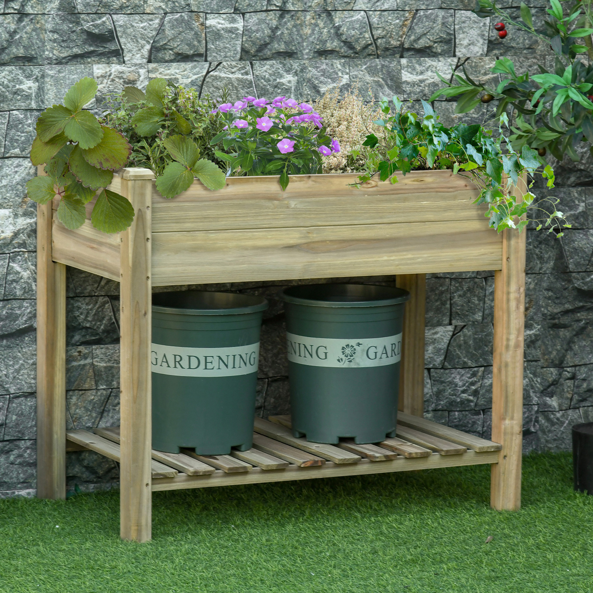 Outsunny Elevated Planter Box with Legs and Storage Shelf, Raised Garden Bed, Elevated Wooden Planter Box, Green Aosom Canada