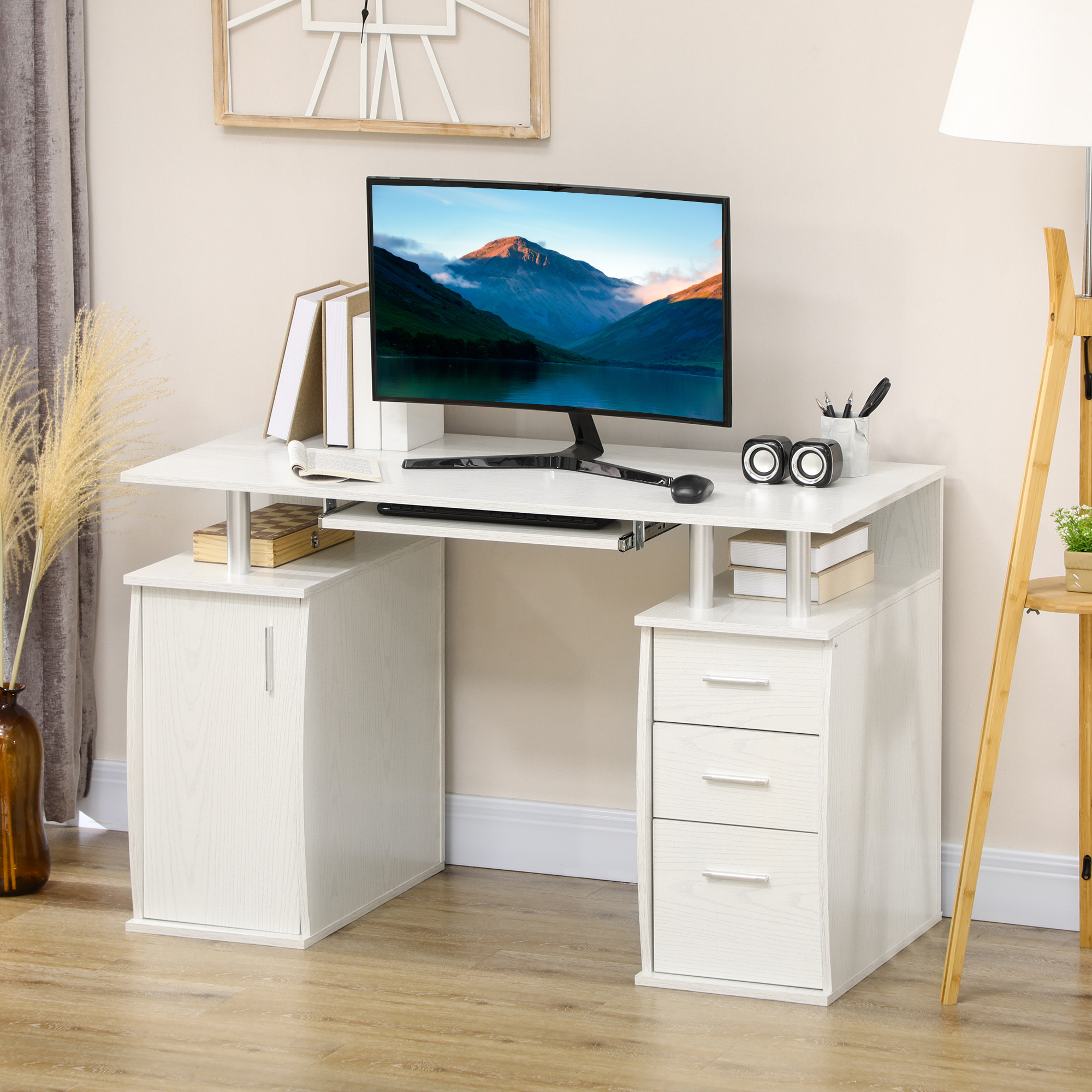 HOMCOM 47" Desk with Keyboard Tray Storage Drawers Home Office Workstation White Aosom Canada