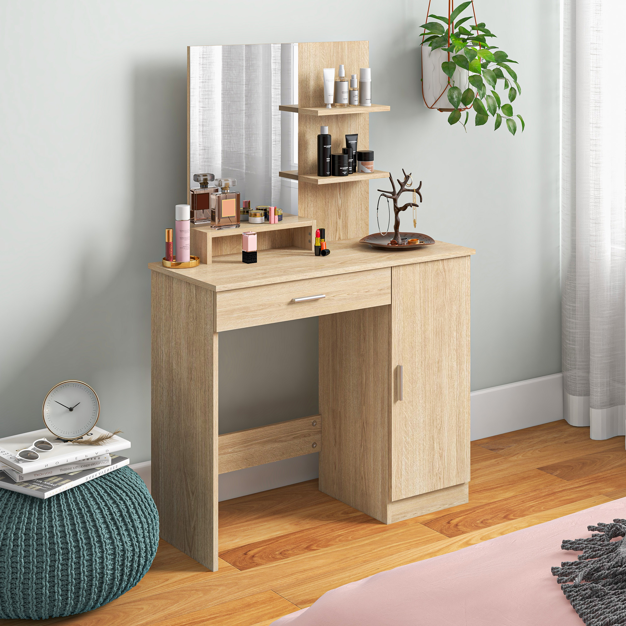 HOMCOM Dressing Table, Vanity Table with Mirror, Drawer and Storage Shelves for Bedroom, 35.4" x 15" x 54.3", Natural Wood Aosom Canada