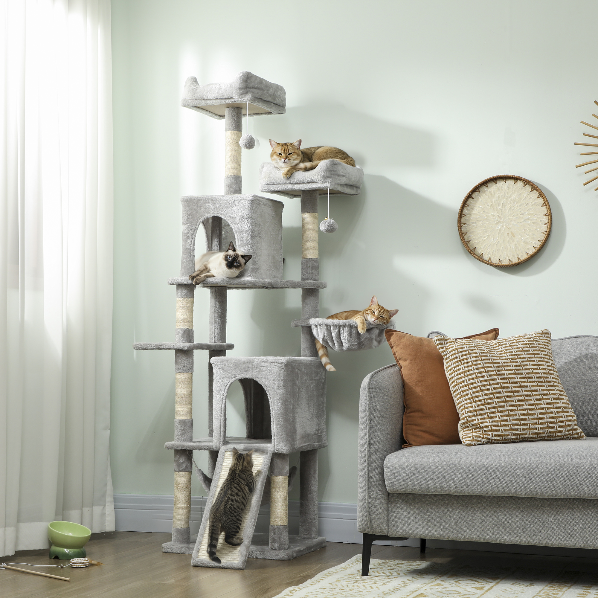 PawHut Cat Tree, 70" Multi-Level Cat Tower with 2 Condos, 2 Beds, Hammock, Toy Balls, Scratching Posts and Board, Light Grey Aosom Canada