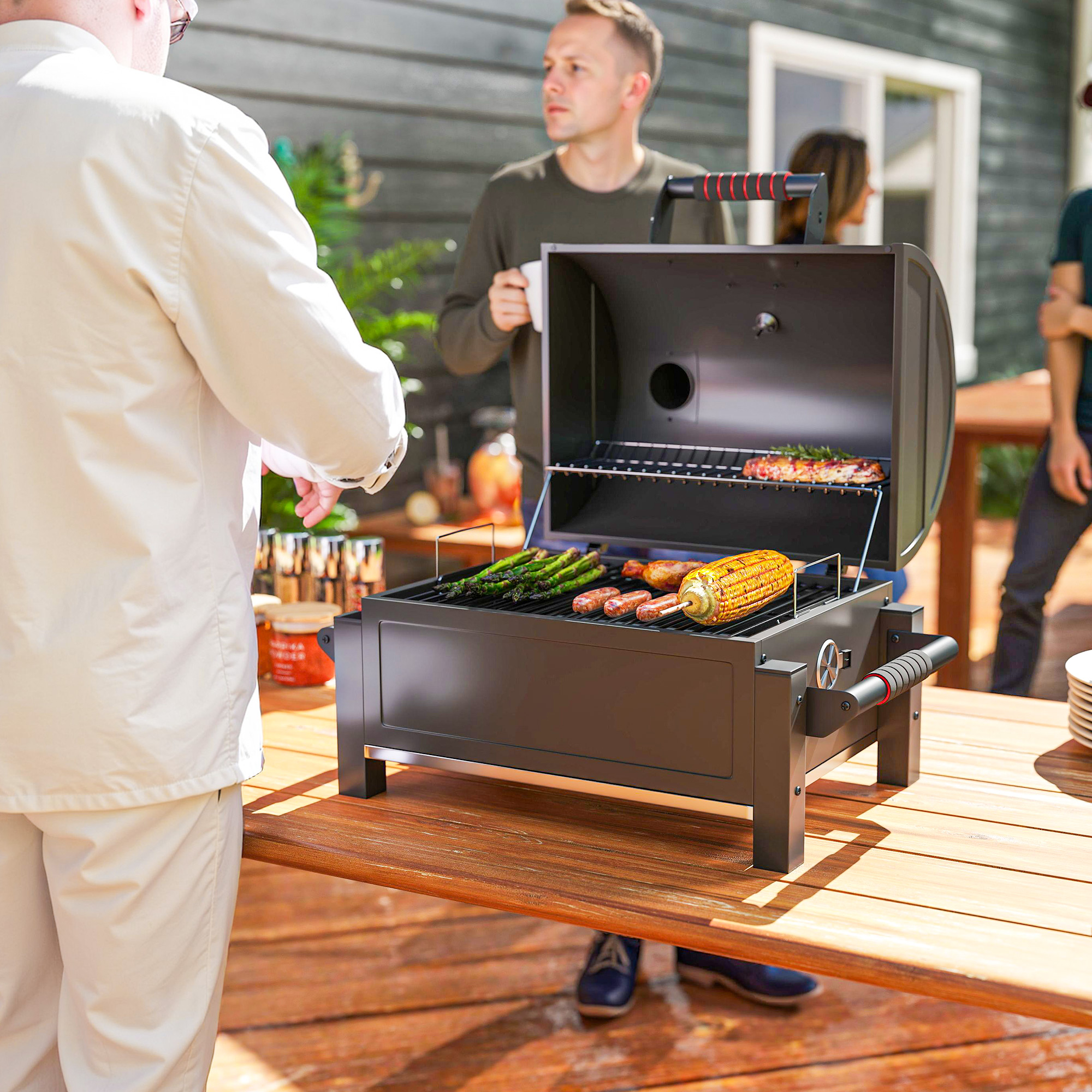 Outsunny Tabletop Charcoal Smoker, Portable BBQ with Ash Catcher and Thermometer for Backyard, Camping, Picnic, Black | Aosom Canada