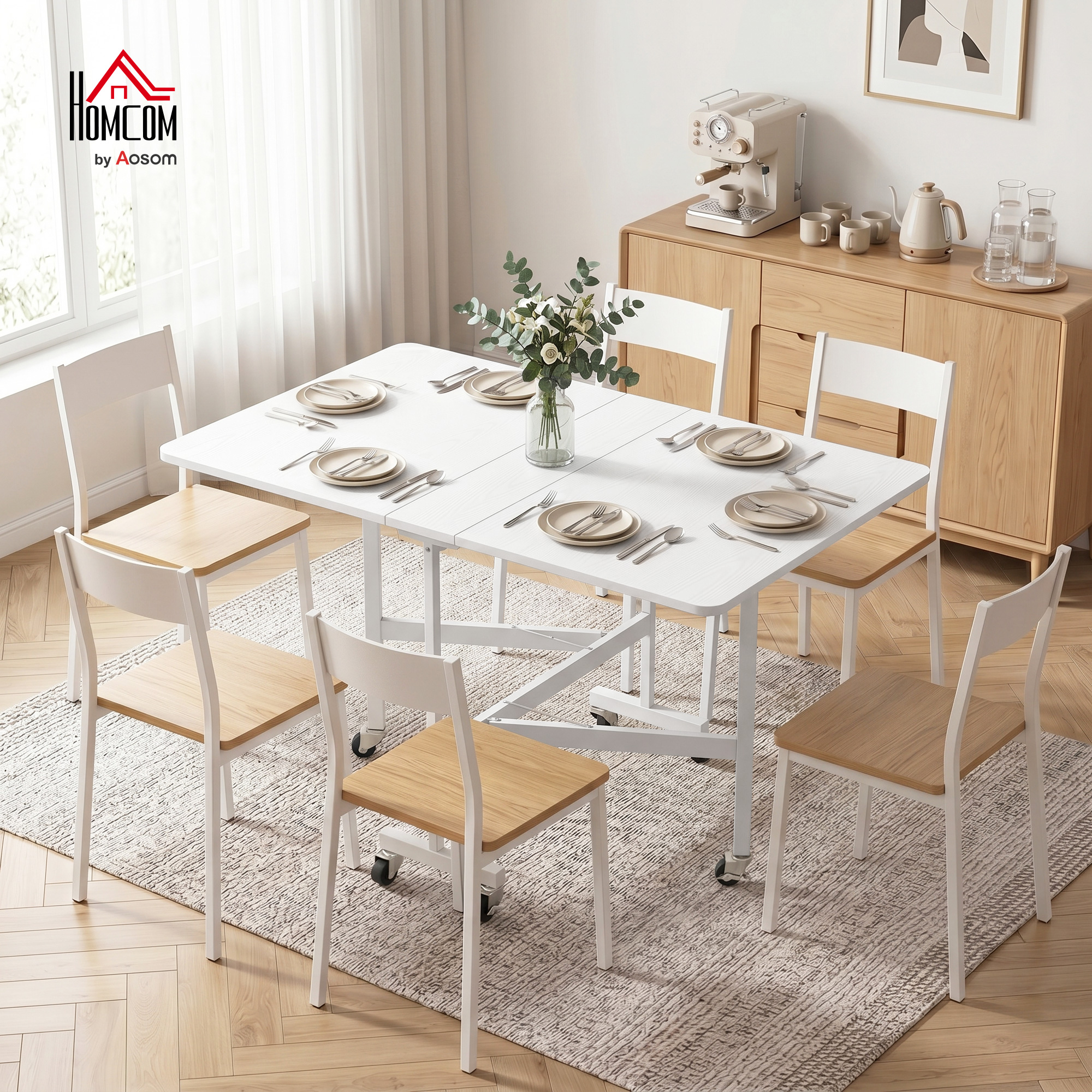 HOMCOM Six-Seater Drop-Leaf Dining Table with Wheels, White Aosom Canada