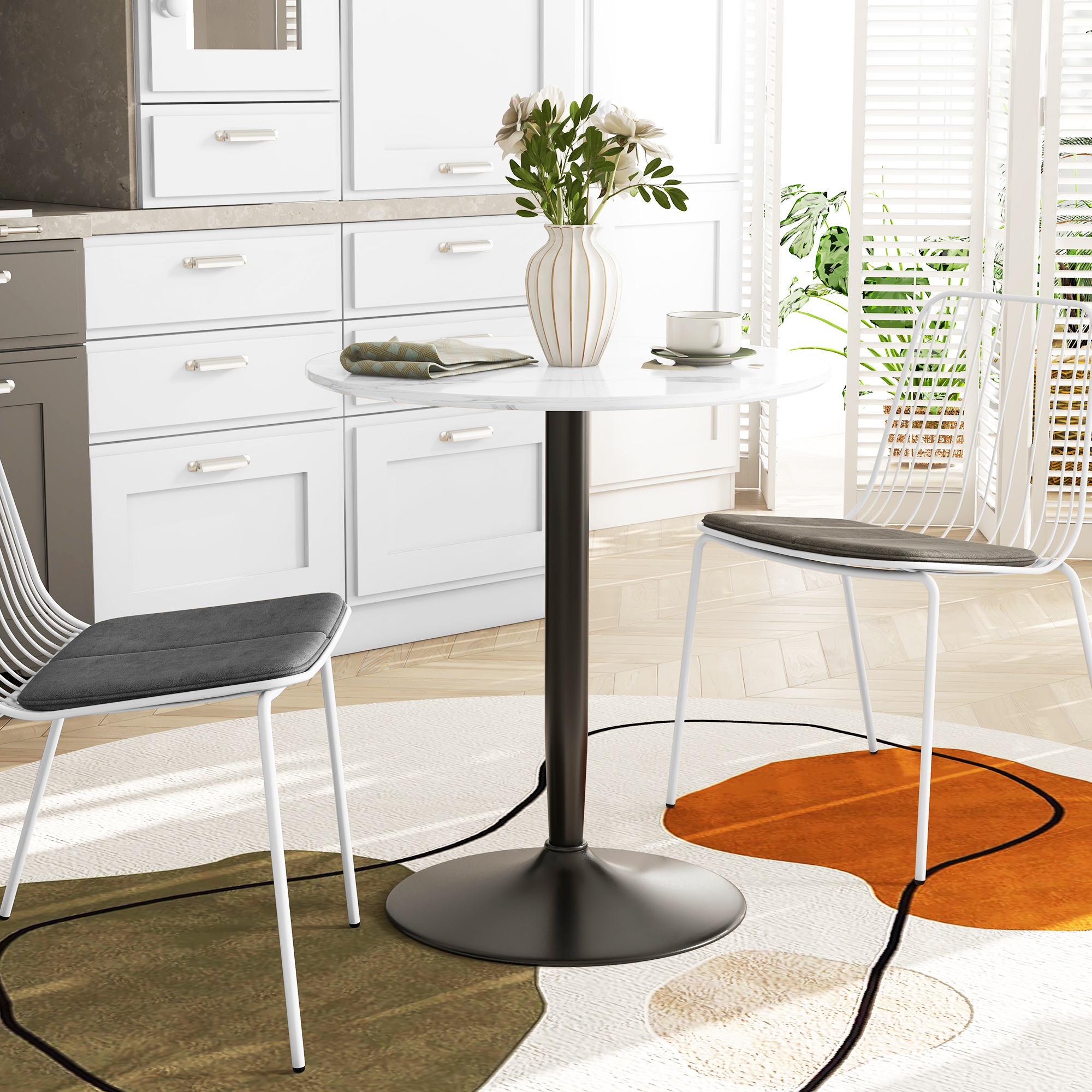 HOMCOM Modern Round 2 Person Dining Table Steel Base for Living Room White Marble Aosom Canada