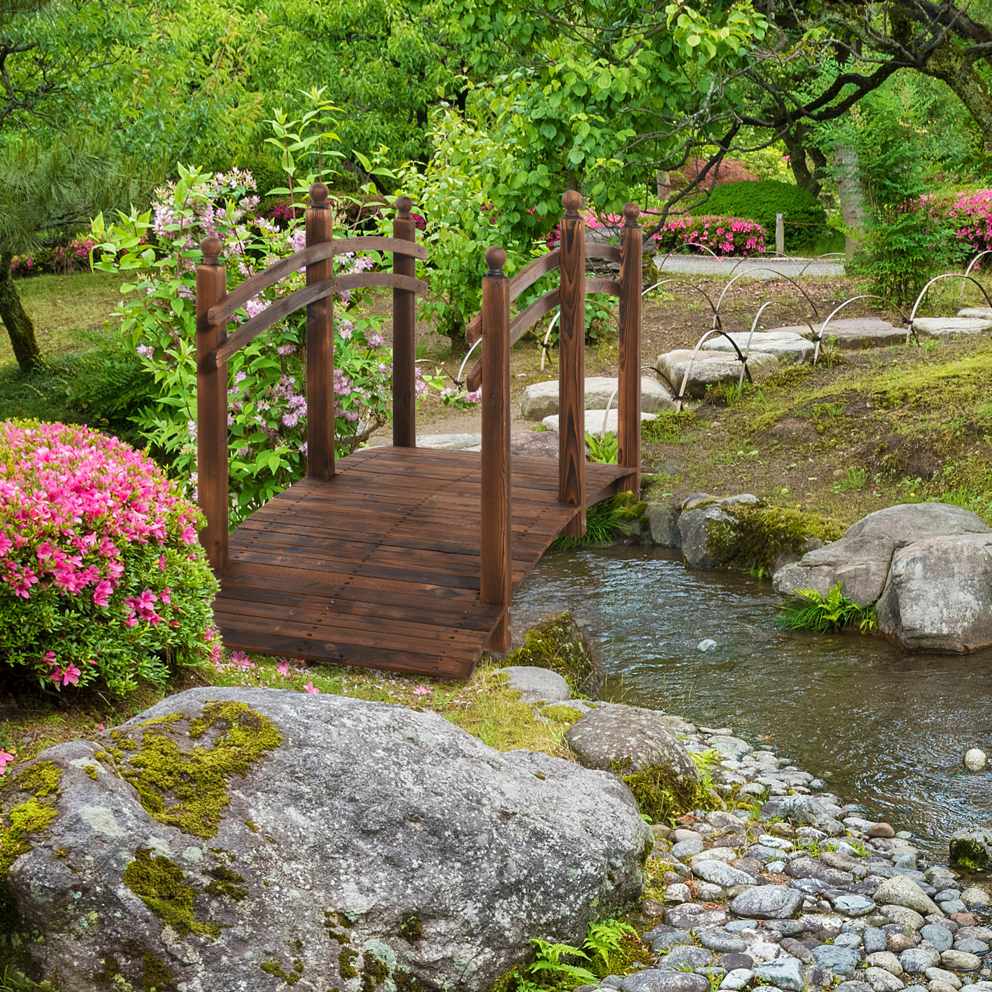Outsunny 7.5' Fir Wood Garden Bridge Arc Walkway with Side Railings, for Backyards, Gardens, & Streams, Tan | Aosom Canada