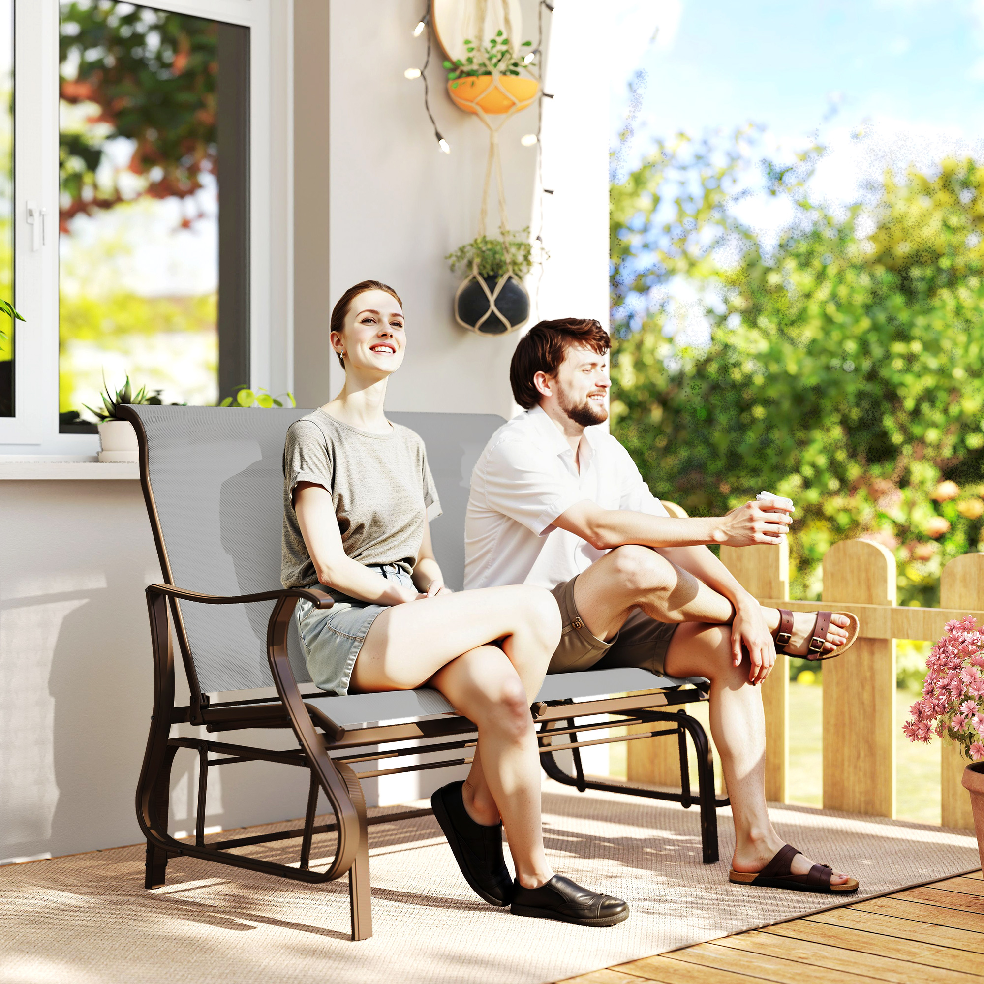 Outsunny Patio Glider Rocking Chair Double Seat Outdoor Light Grey Steel Frame Mesh Backrest Garden Furniture Aosom Canada