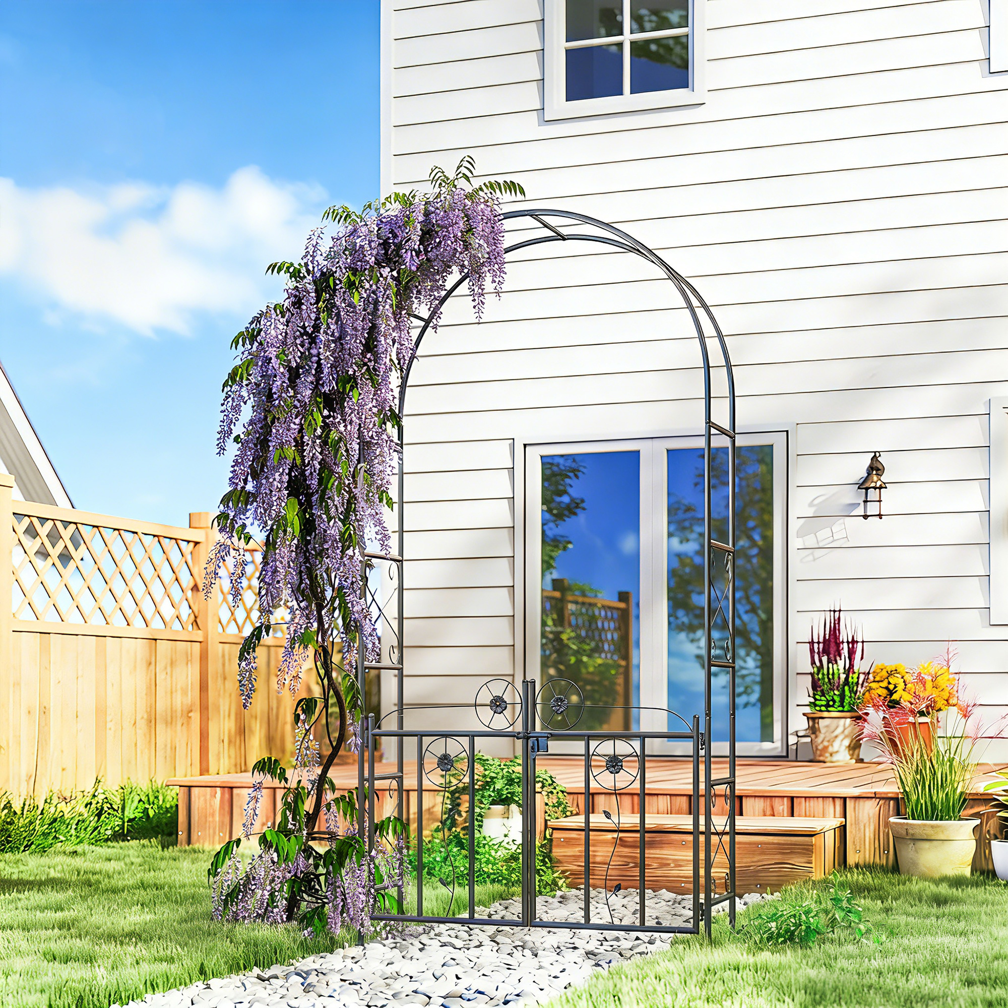 Outsunny 7.4 ft Garden Arch, Outdoor Trellis Arbor with Gate for Climbing Plants, Wedding Arch, Black Aosom Canada