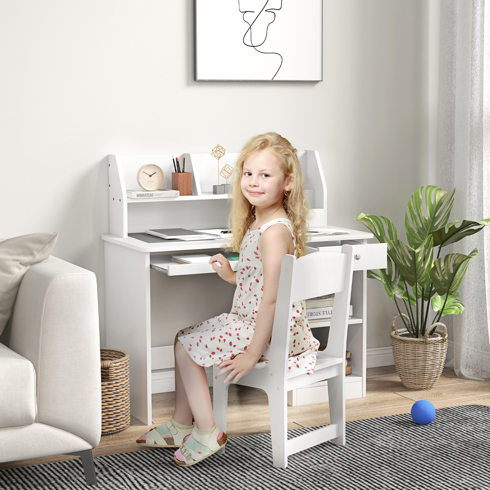 Qaba Kids Desk and Chair Set for 5-8 Year Old with Storage Study Table and Chair for Children White Aosom Canada