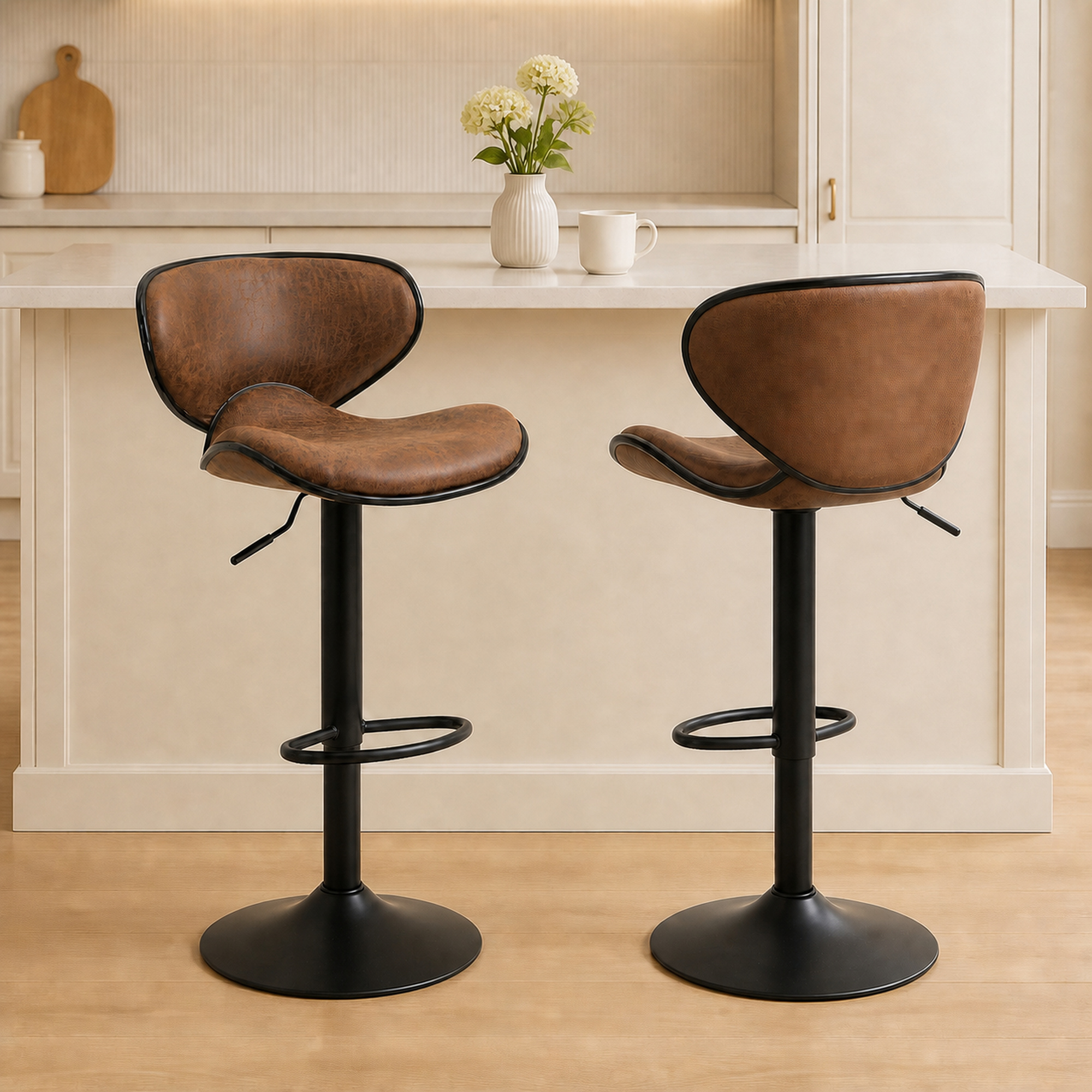 HOMCOM Bar Stools Set of 2 Vintage Adjustable Swivel Counter Height with Soft Microfiber Armless Design for Dining Room Brown Aosom Canada